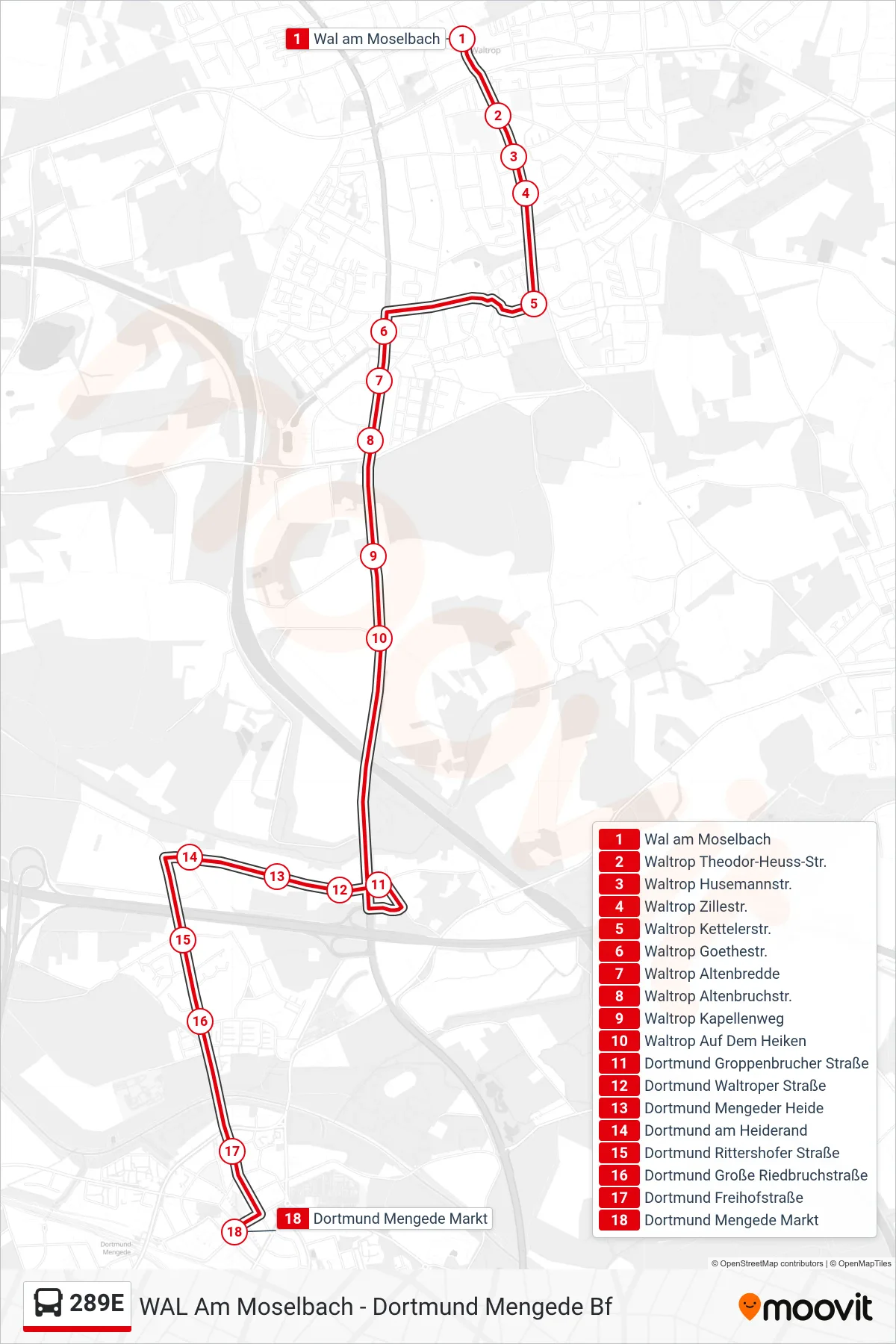 Linie 289E (Bus) Richtung Dortmund Mengede Markt: Route und Haltestellen auf der Karte