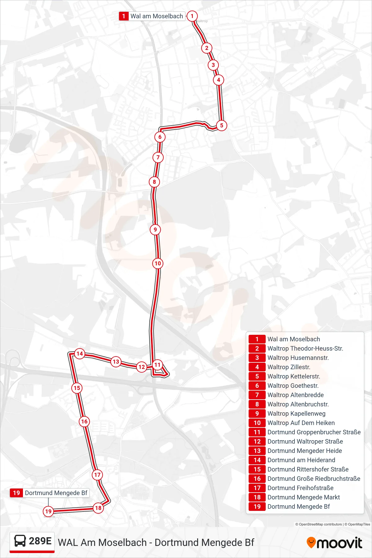 Linie 289E (Bus) Richtung Dortmund Mengede Bf: Route und Haltestellen auf der Karte