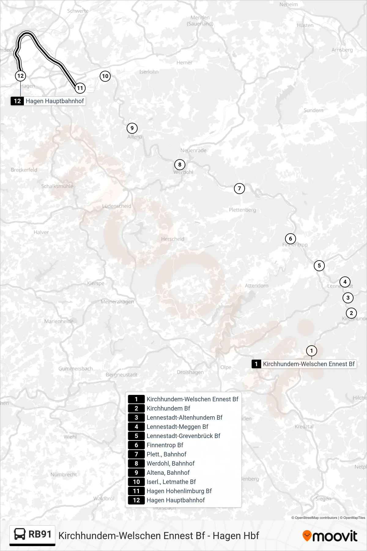 RB91 bus Line (Hagen Hbf) route and stops on a map
