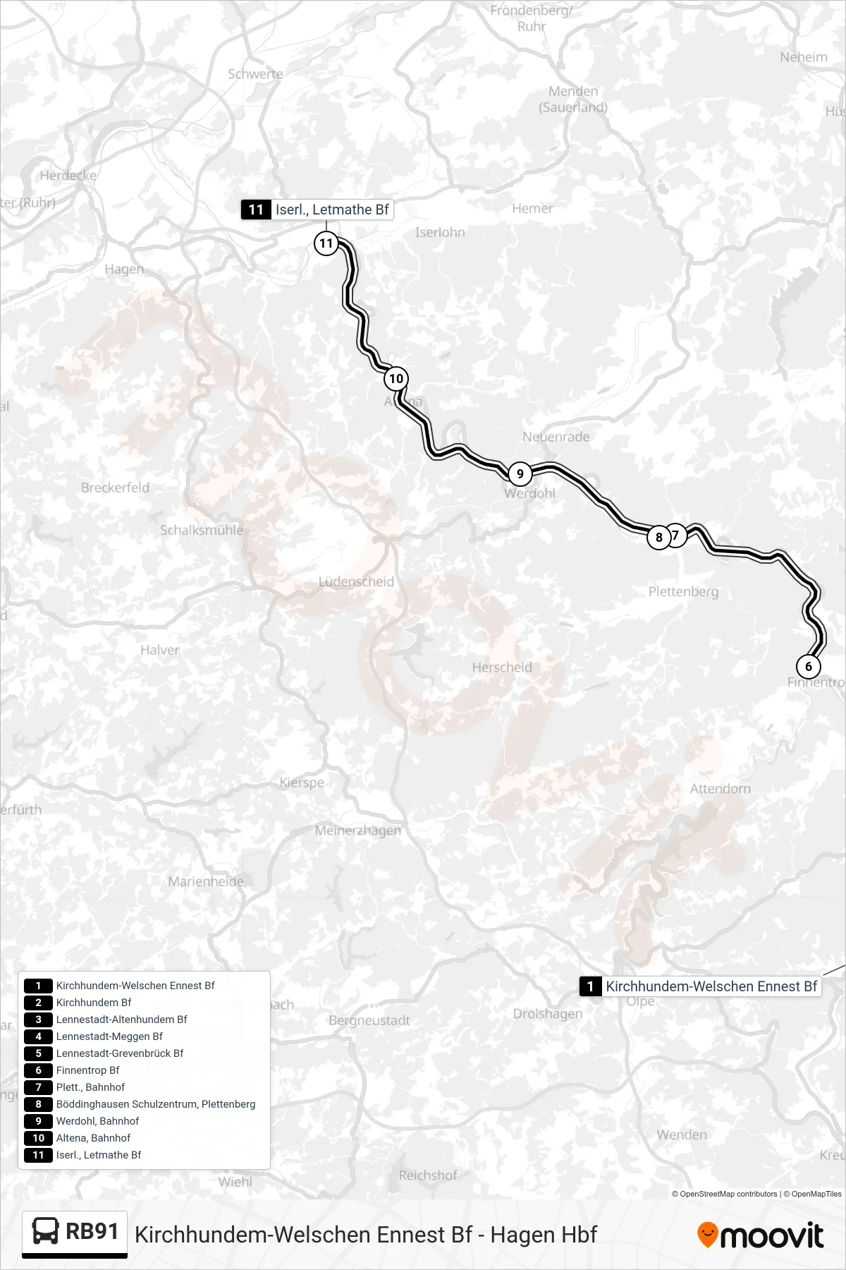 Linie RB91 (Bus) Richtung Iserl., Letmathe Bf: Route und Haltestellen auf der Karte