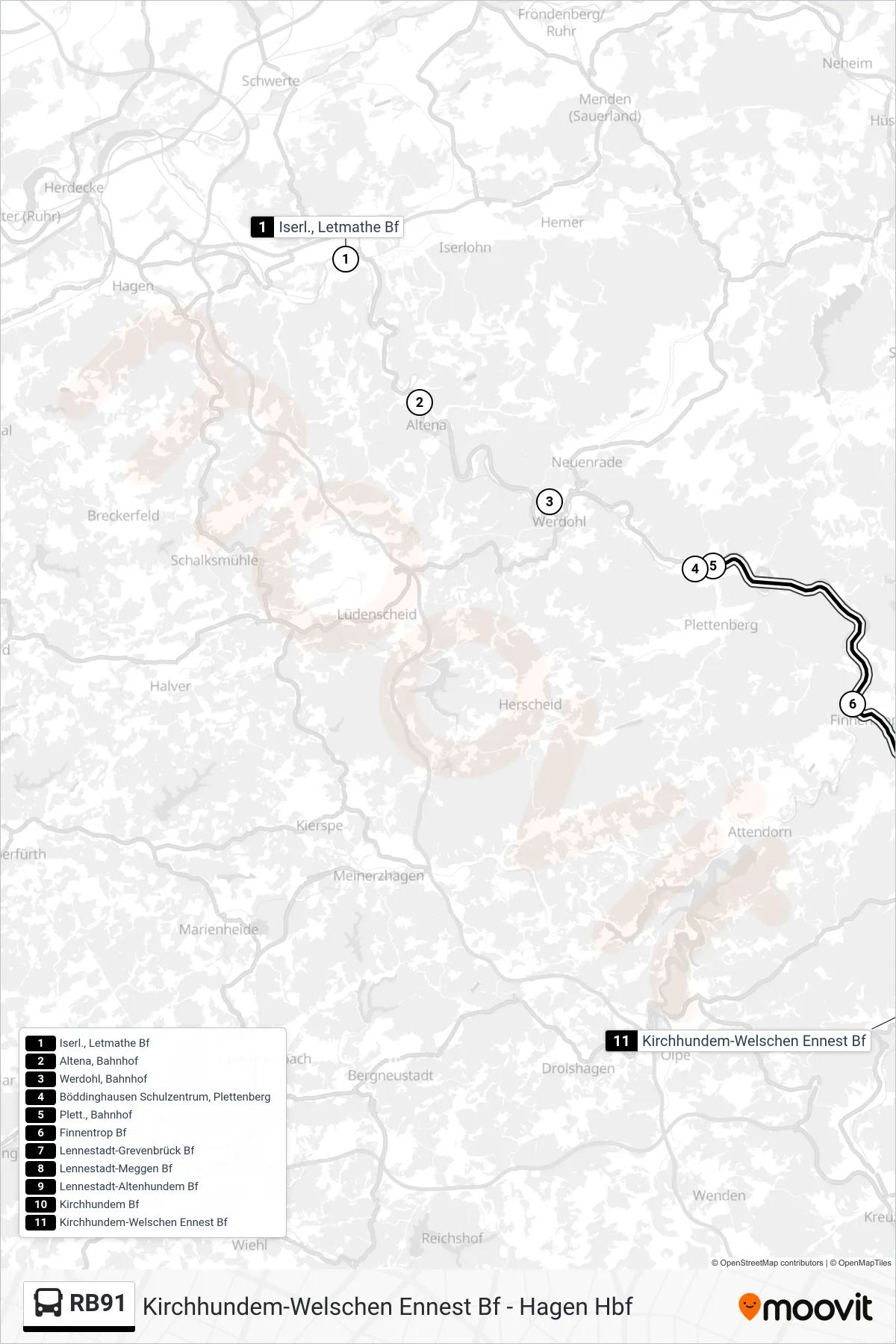 RB91 bus Line (Kirchhundem-Welschen Ennest Bf) route and stops on a map