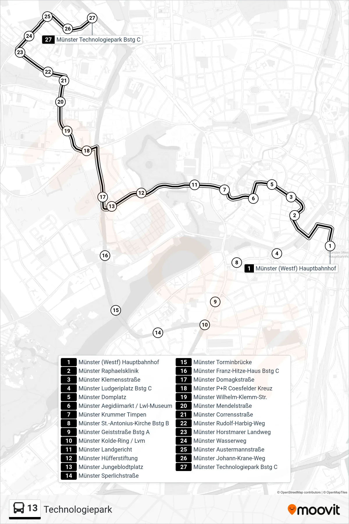 Linie 13 (Bus) Richtung Technologiepark: Route und Haltestellen auf der Karte