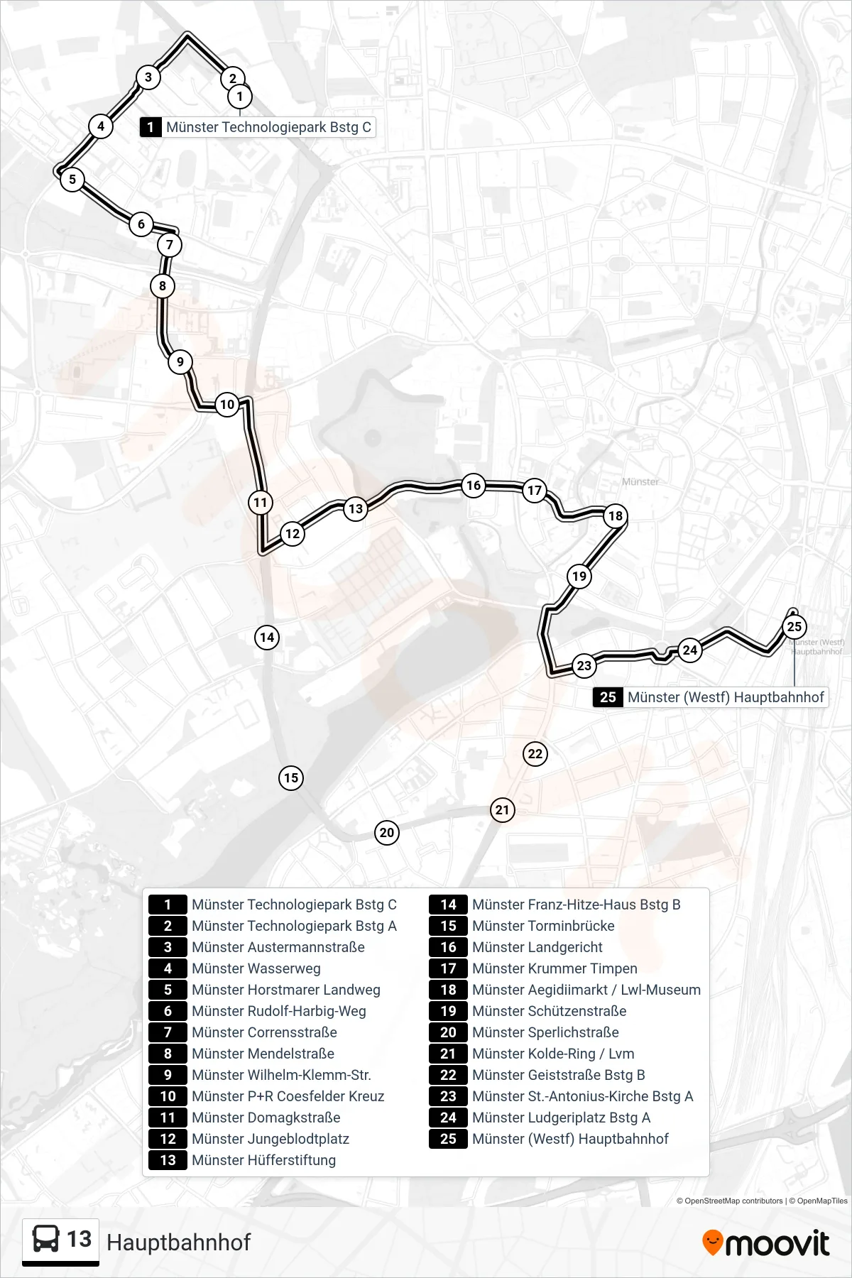 Linie 13 (Bus) Richtung Hauptbahnhof: Route und Haltestellen auf der Karte