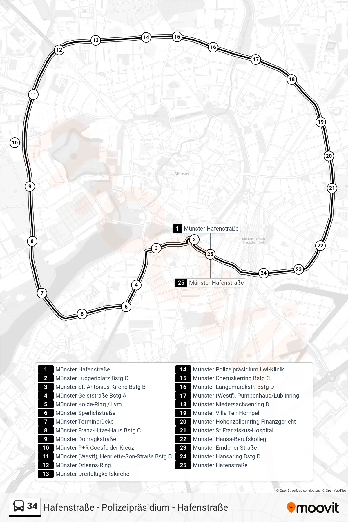 Linie 34 (Bus) Richtung Münster Hafenstraße: Route und Haltestellen auf der Karte