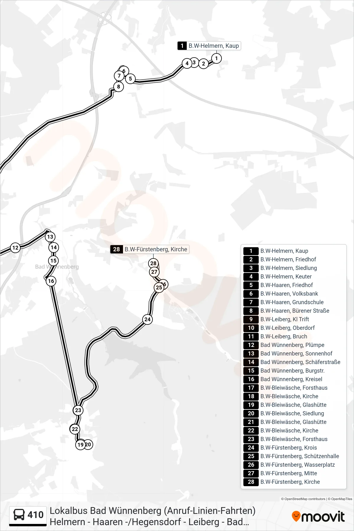 410 bus Line (B.W-Fürstenberg, Kirche) route and stops on a map