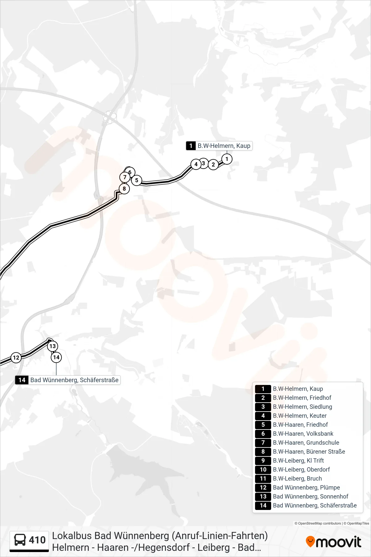 410 bus Line (Bad Wünnenberg, Schäferstraße) route and stops on a map