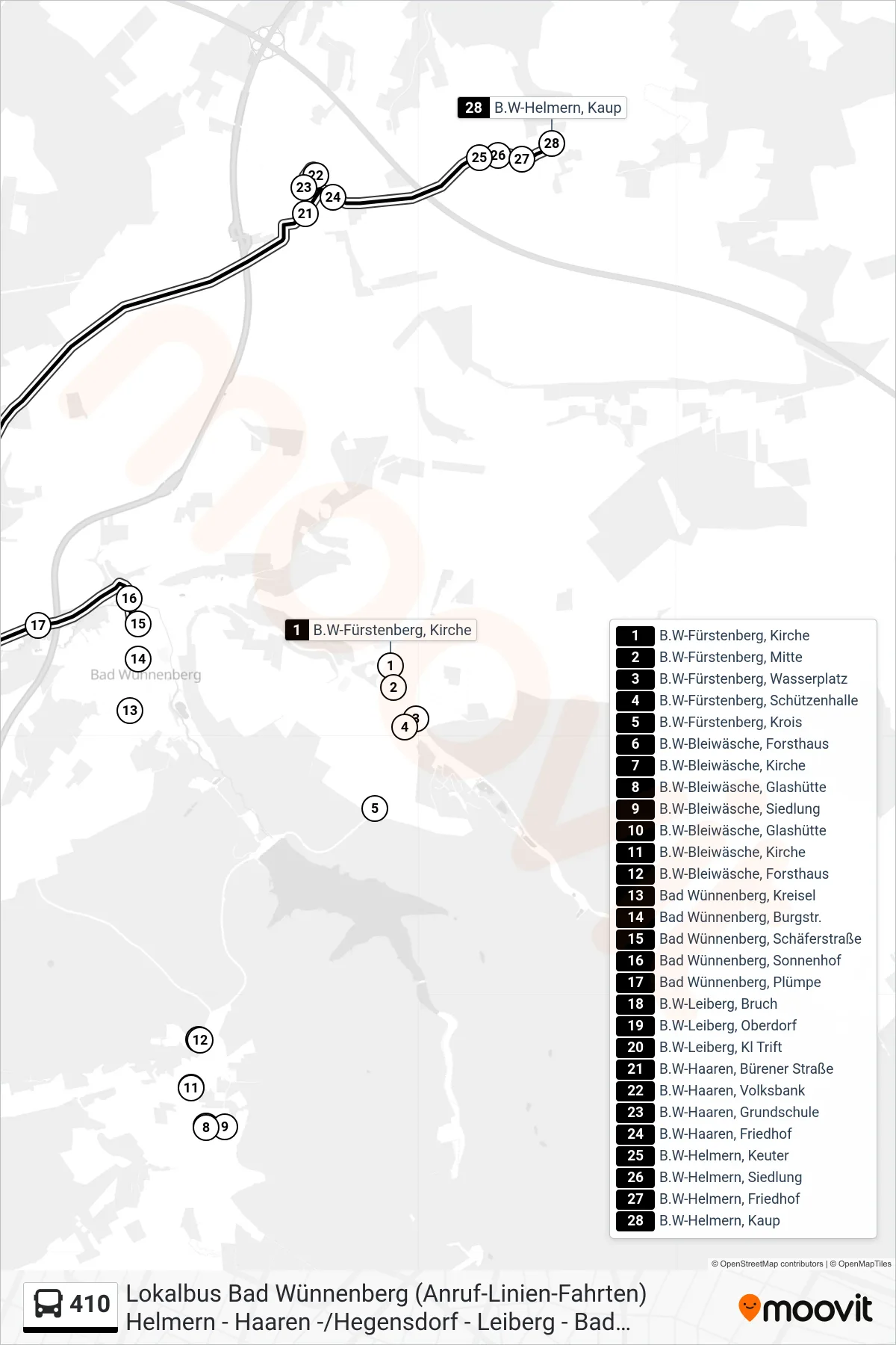 410 bus Line (B.W-Helmern, Kaup) route and stops on a map