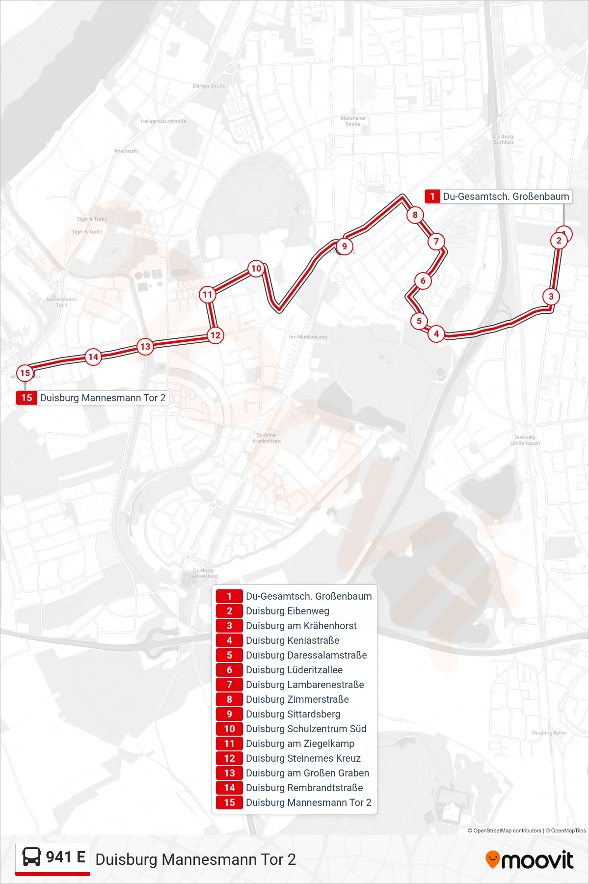 Linie 941 E (Bus) Richtung Duisburg Mannesmann Tor 2: Route und Haltestellen auf der Karte