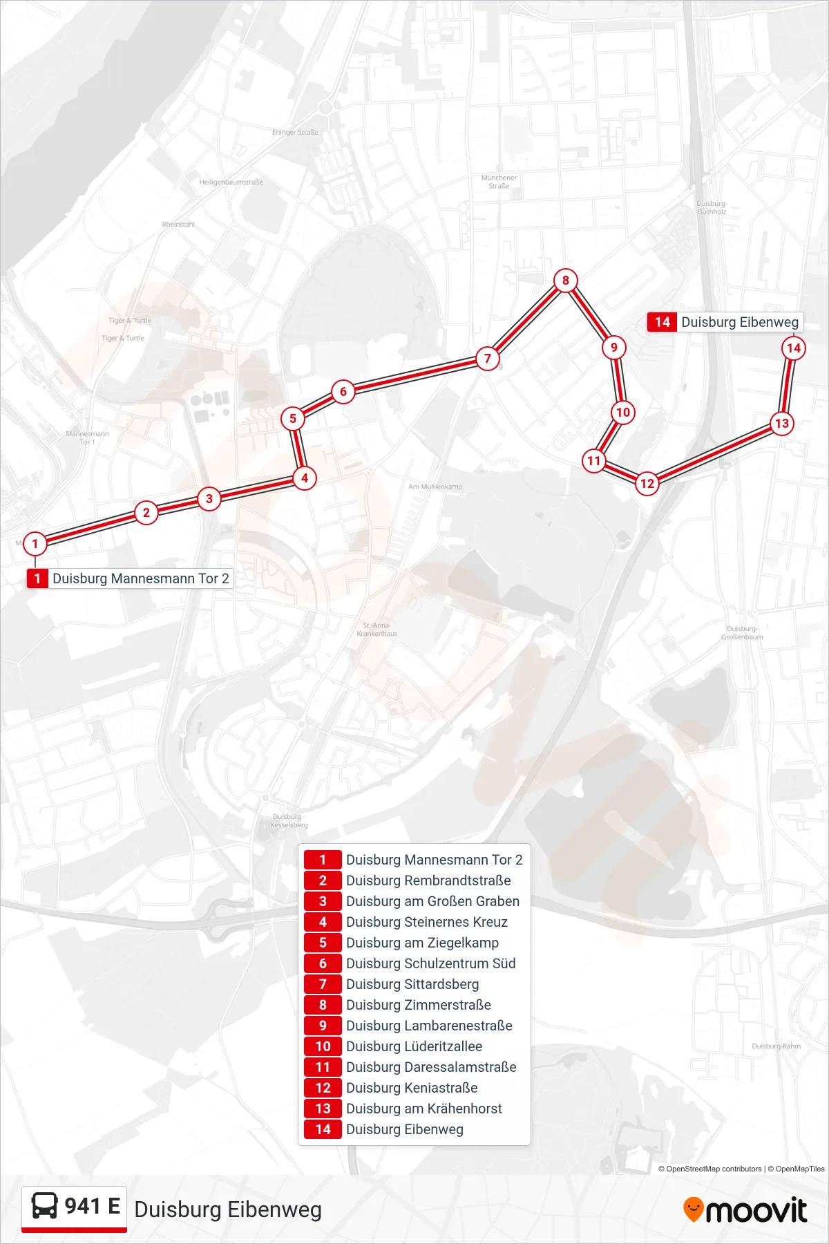 941 E bus Line (Duisburg Eibenweg) route and stops on a map