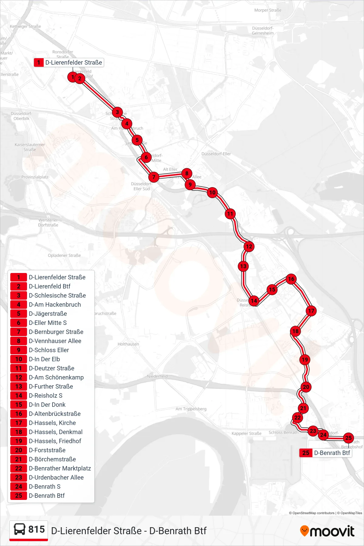 Linie 815 (Bus) Richtung D-Benrath Btf: Route und Haltestellen auf der Karte