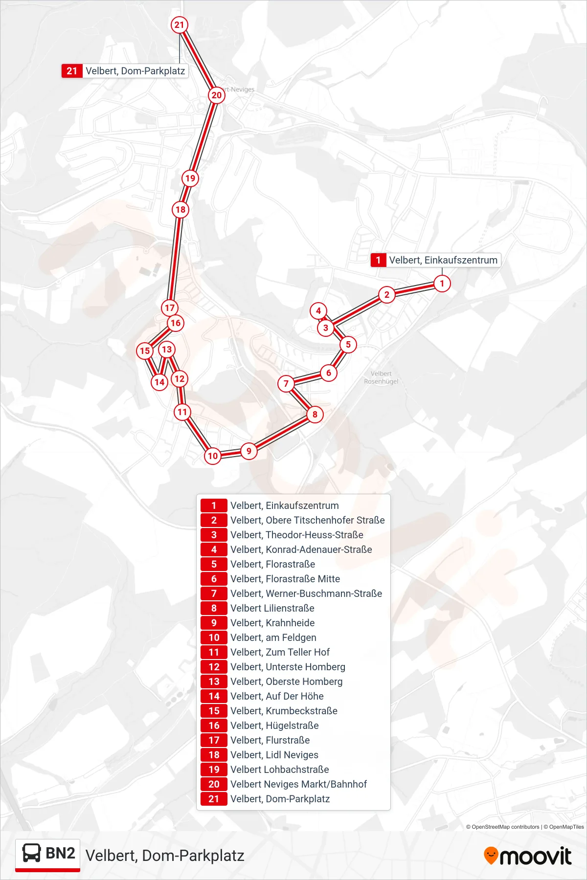 Linie BN2 (Bus) Richtung Velbert, Dom-Parkplatz: Route und Haltestellen auf der Karte