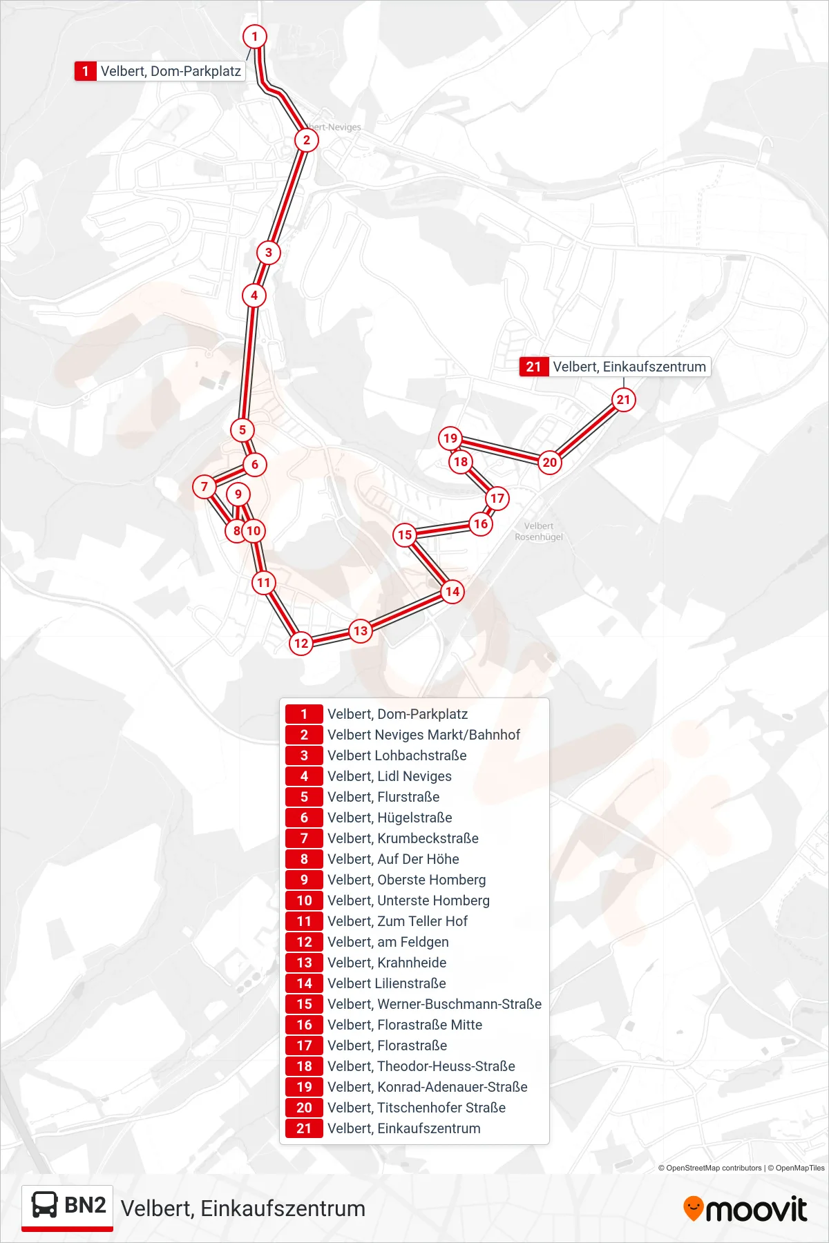 Linie BN2 (Bus) Richtung Velbert, Einkaufszentrum: Route und Haltestellen auf der Karte