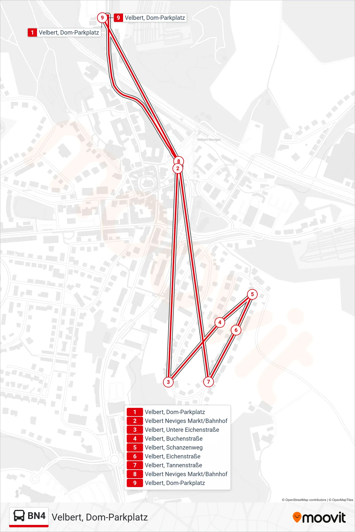 Linie BN4 (Bus) Richtung Velbert, Dom-Parkplatz: Route und Haltestellen auf der Karte