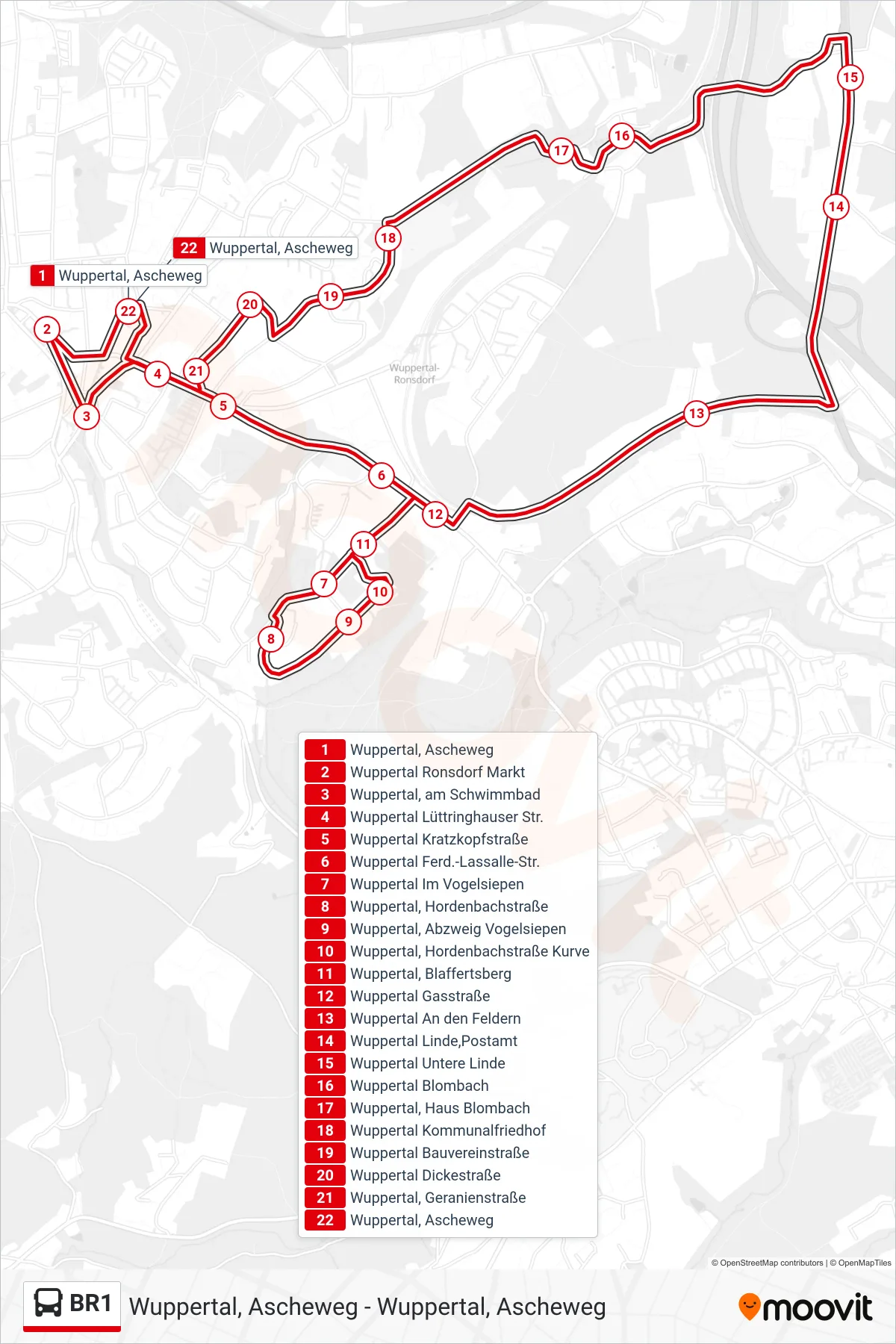 Linie BR1 (Bus) Richtung Wuppertal, Ascheweg: Route und Haltestellen auf der Karte
