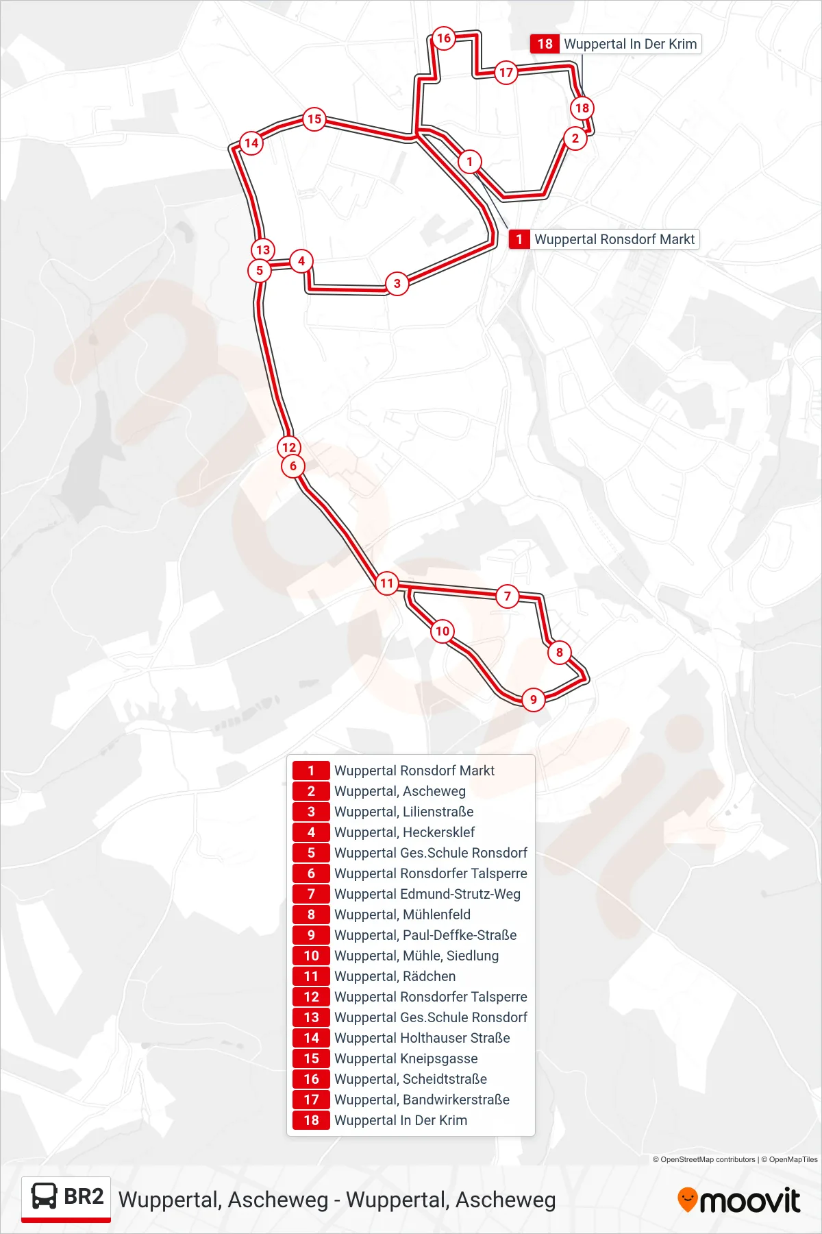 Linie BR2 (Bus) Richtung Wuppertal, Ascheweg: Route und Haltestellen auf der Karte
