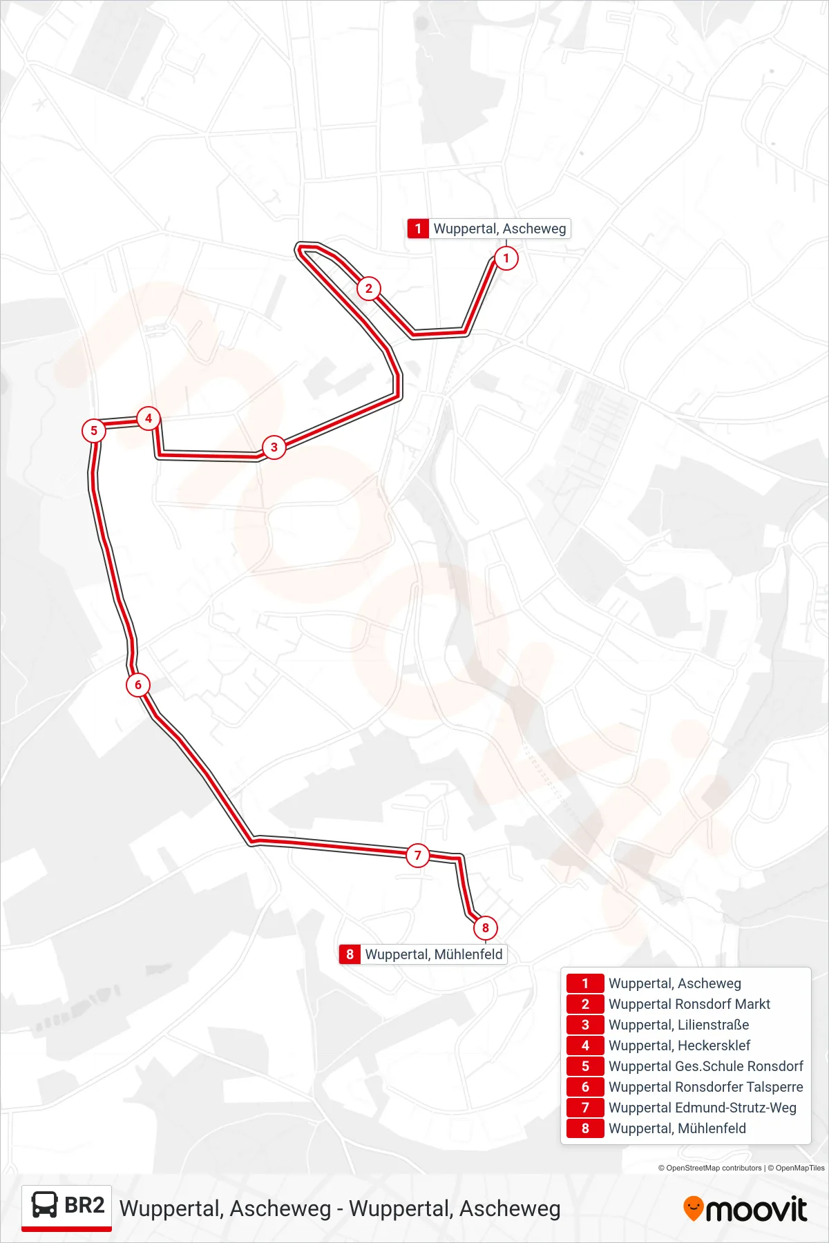Linie BR2 (Bus) Richtung Wuppertal, Mühlenfeld: Route und Haltestellen auf der Karte
