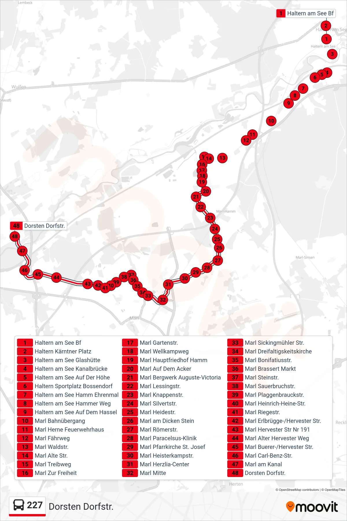 227 bus Line (Dorsten Dorfstr.) route and stops on a map