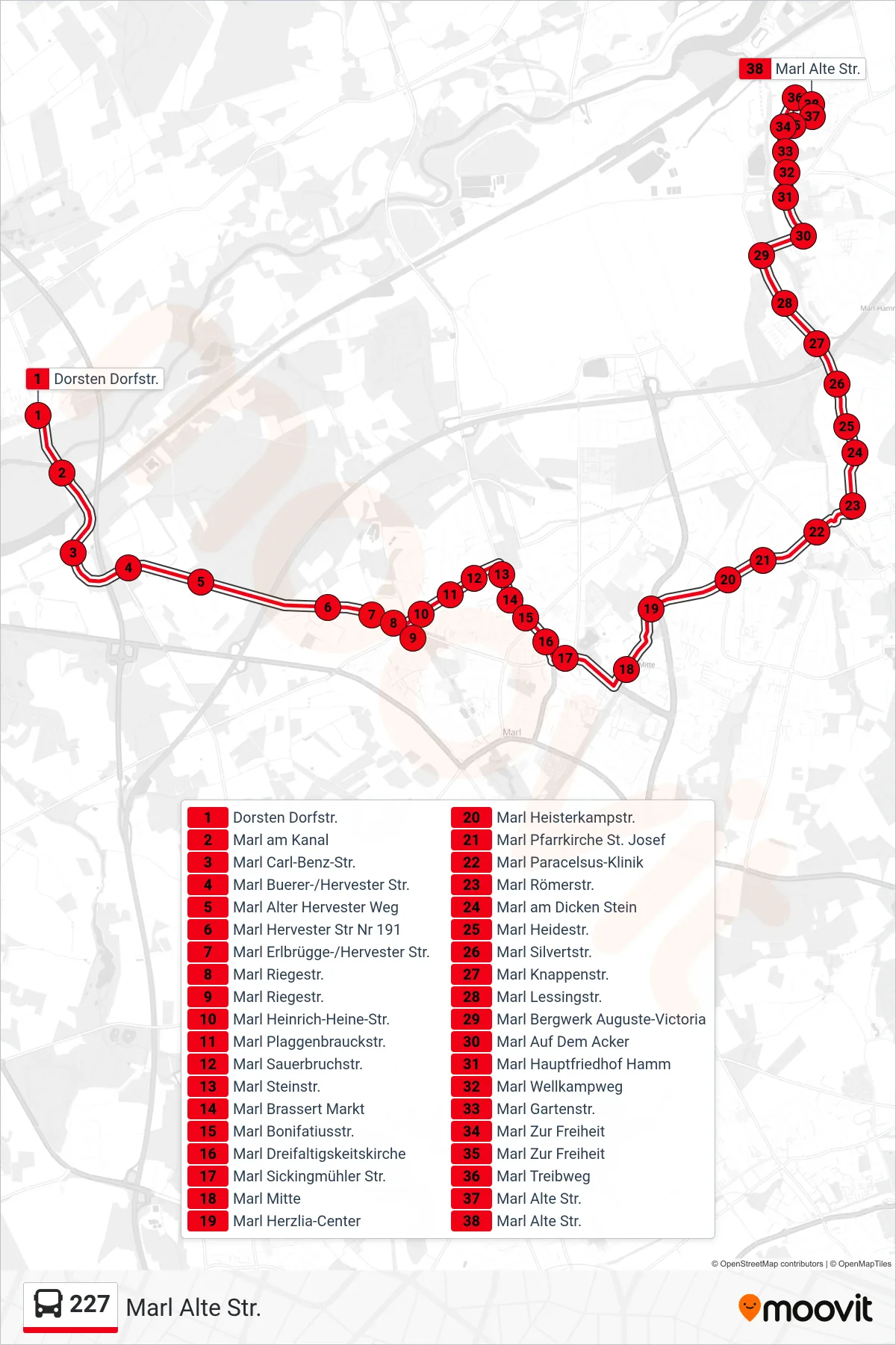 227 bus Line (Marl Alte Str.) route and stops on a map