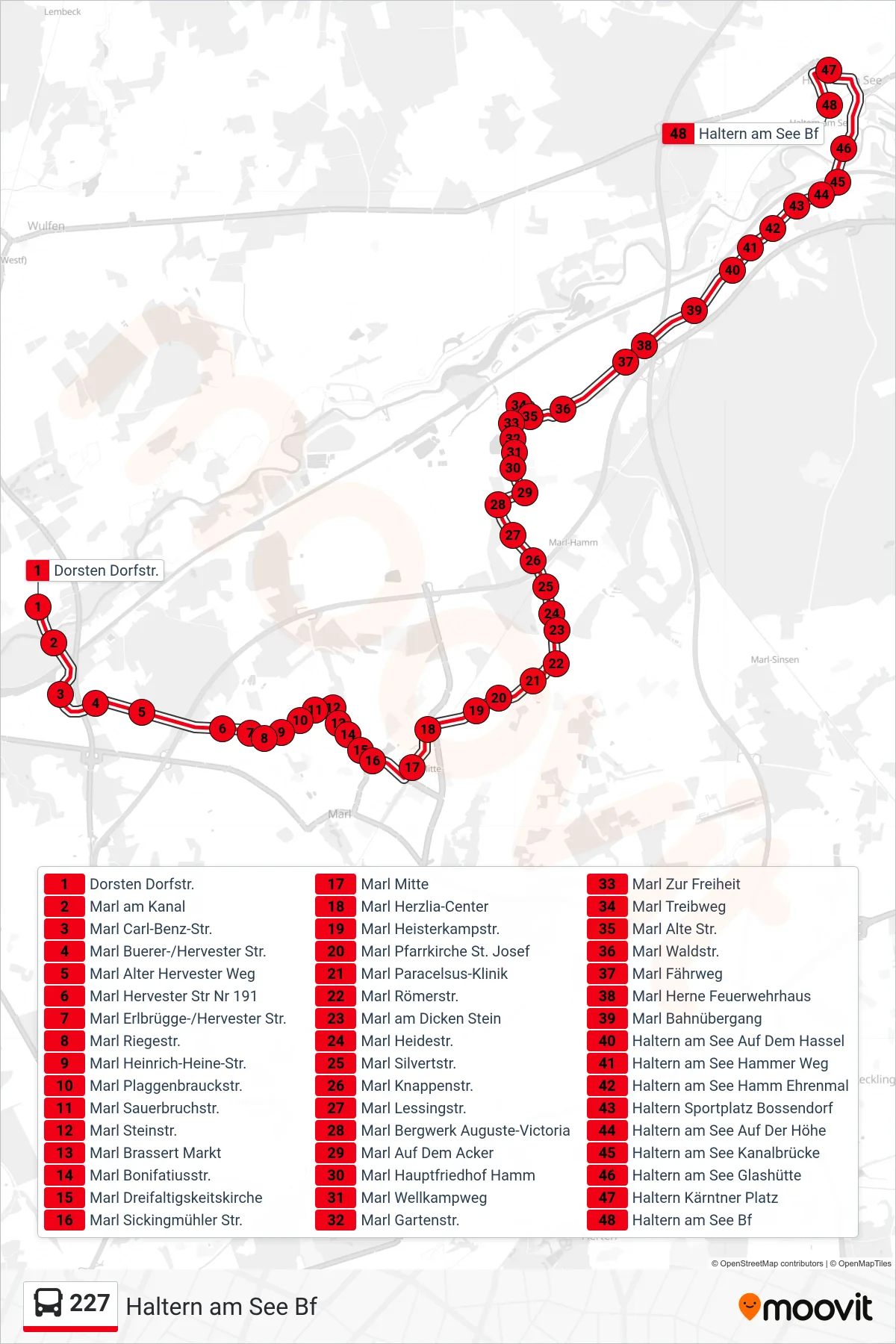 Linie 227 (Bus) Richtung Haltern am See Bf: Route und Haltestellen auf der Karte