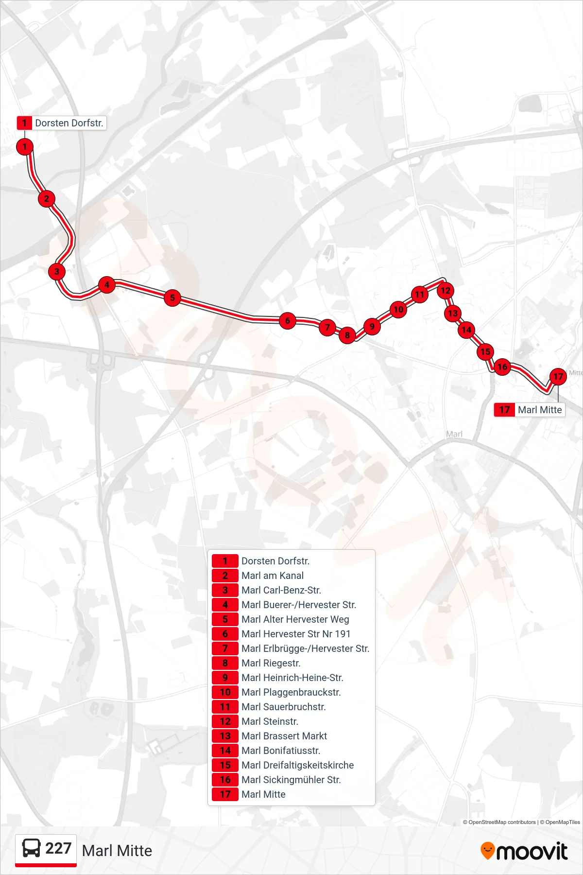 Linie 227 (Bus) Richtung Marl Mitte: Route und Haltestellen auf der Karte