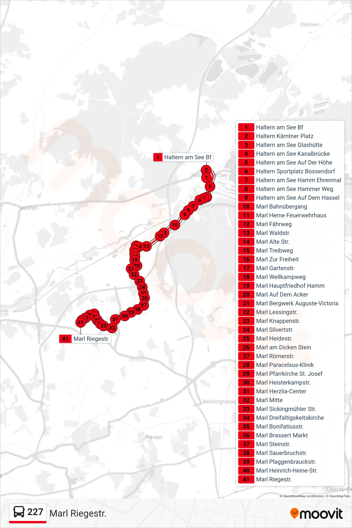 227 bus Line (Marl Riegestr.) route and stops on a map