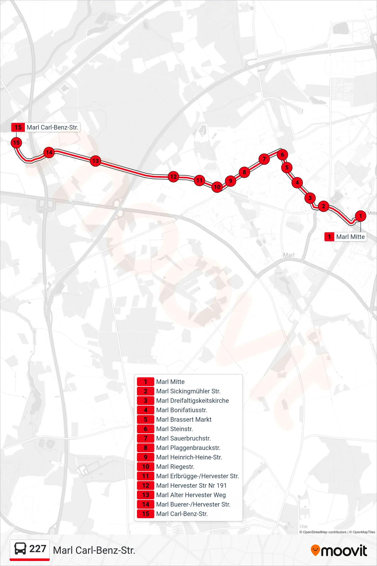 Linie 227 (Bus) Richtung Marl Carl-Benz-Str.: Route und Haltestellen auf der Karte