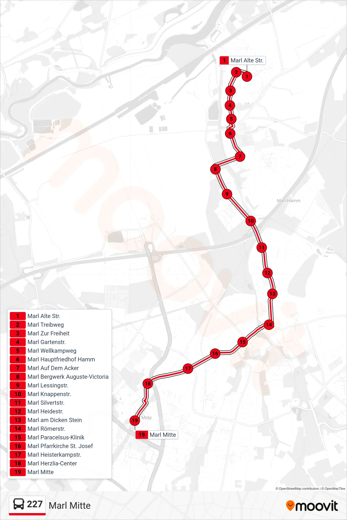 227 bus Line (Marl Mitte) route and stops on a map