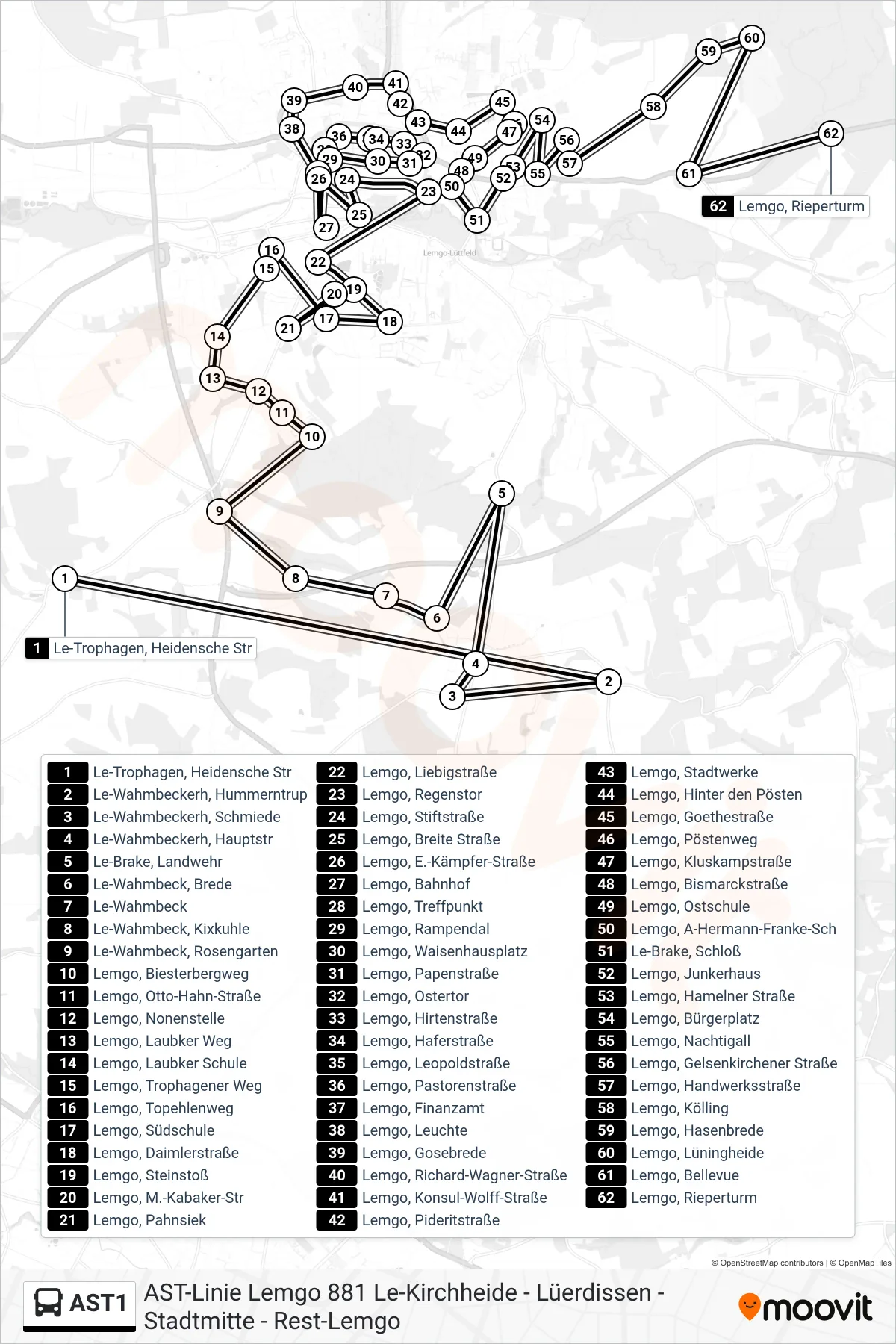 AST1 bus Line (Lemgo, Rieperturm) route and stops on a map