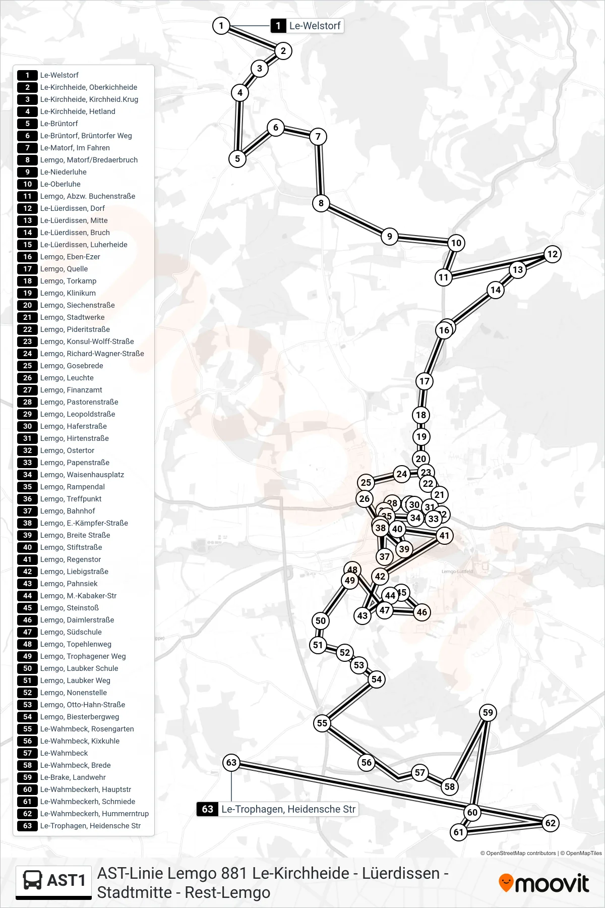 AST1 bus Line (Le-Trophagen, Heidensche Str) route and stops on a map