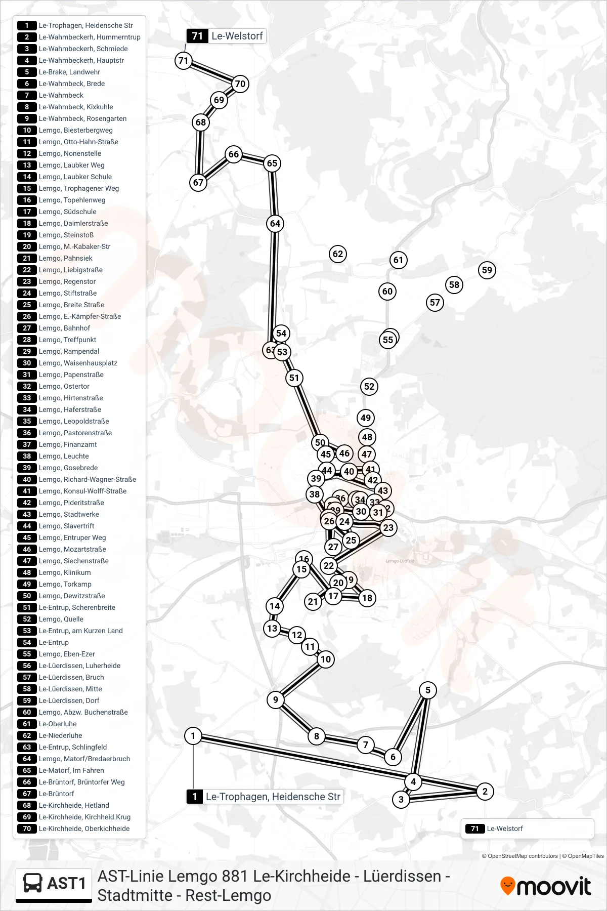 AST1 bus Line (Le-Welstorf) route and stops on a map