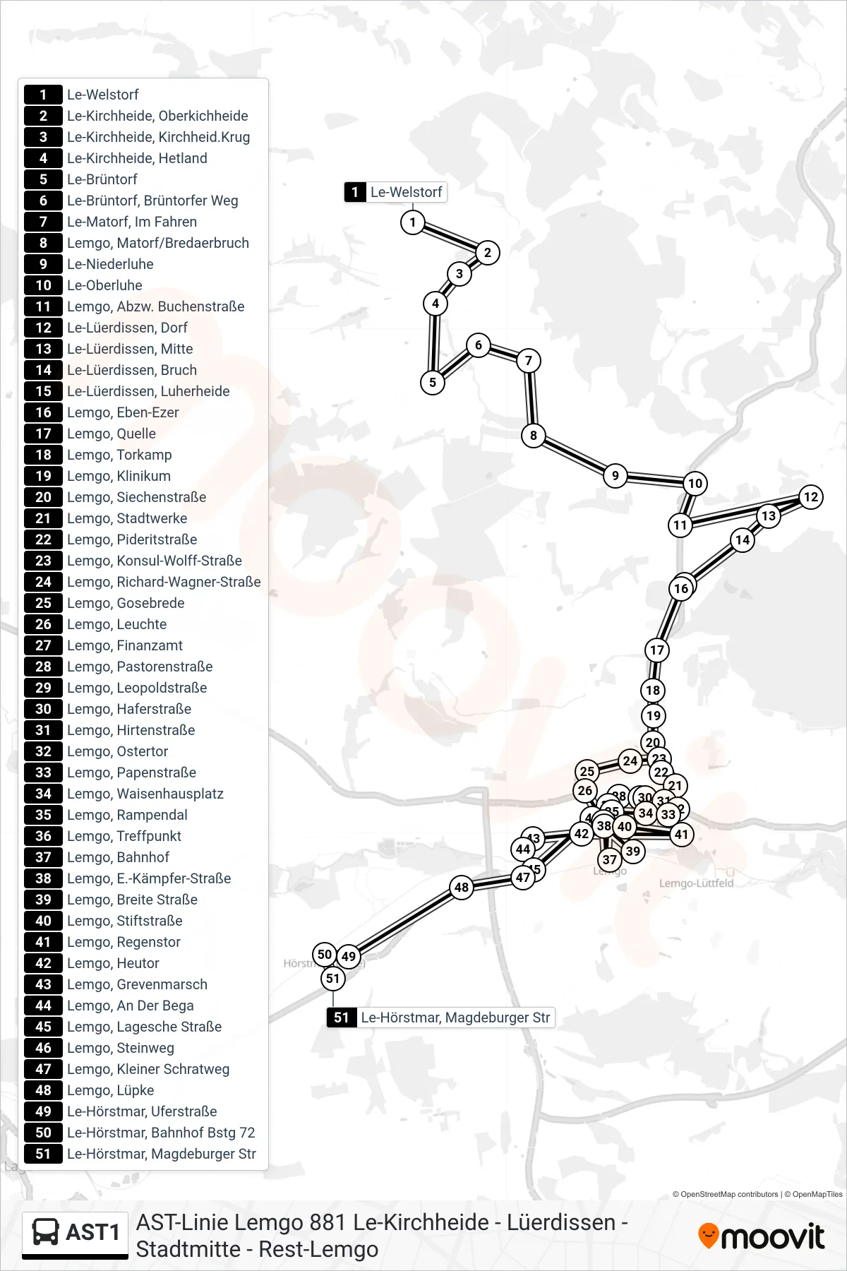 AST1 bus Line (Le-Hörstmar, Magdeburger Str) route and stops on a map