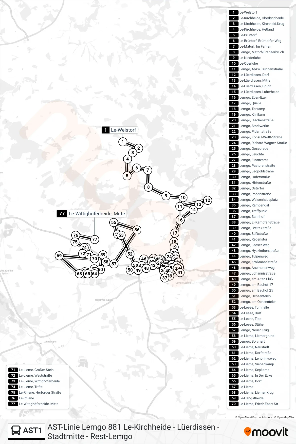 AST1 bus Line (Le-Wittighöferheide, Mitte) route and stops on a map