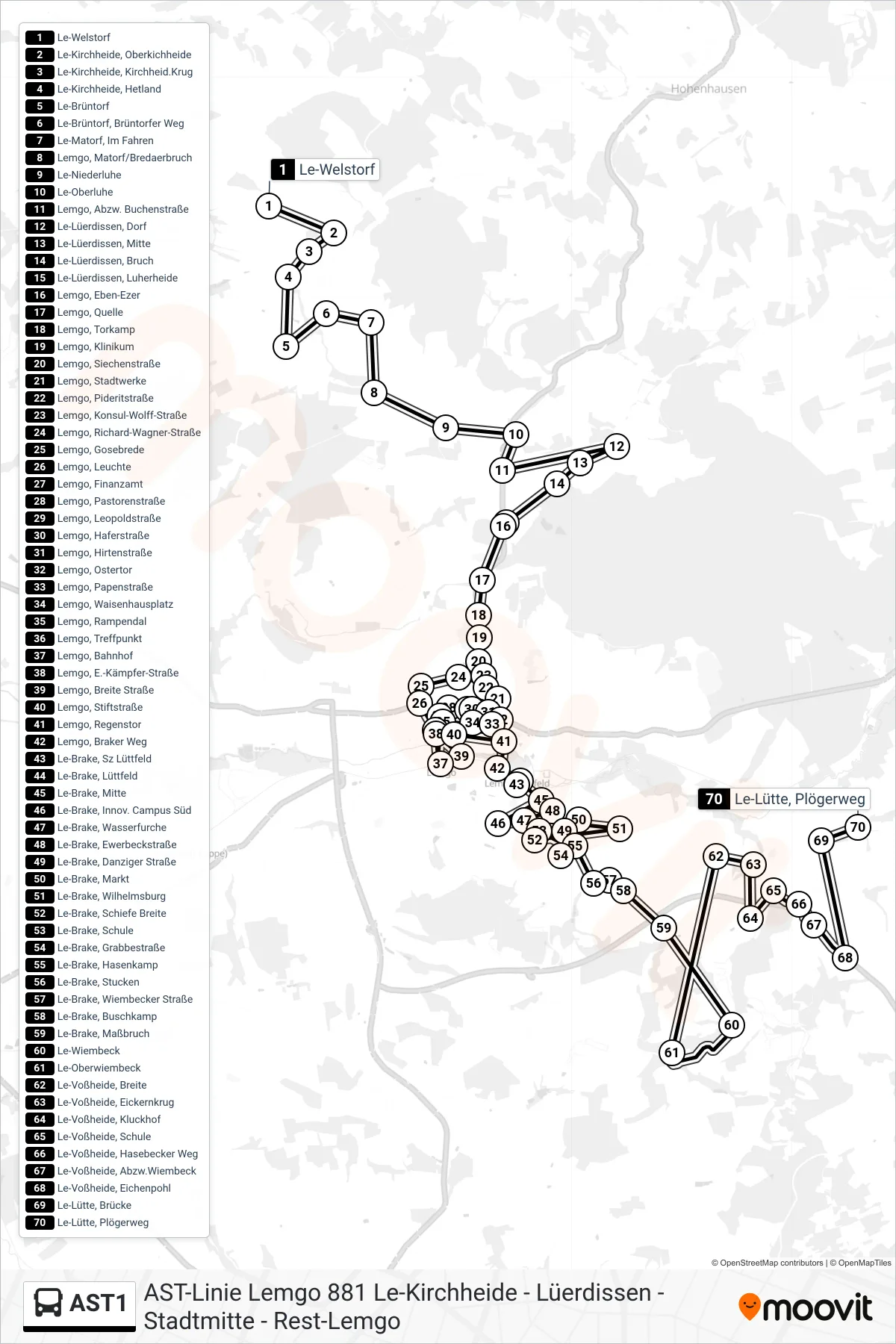 AST1 bus Line (Le-Lütte, Plögerweg) route and stops on a map