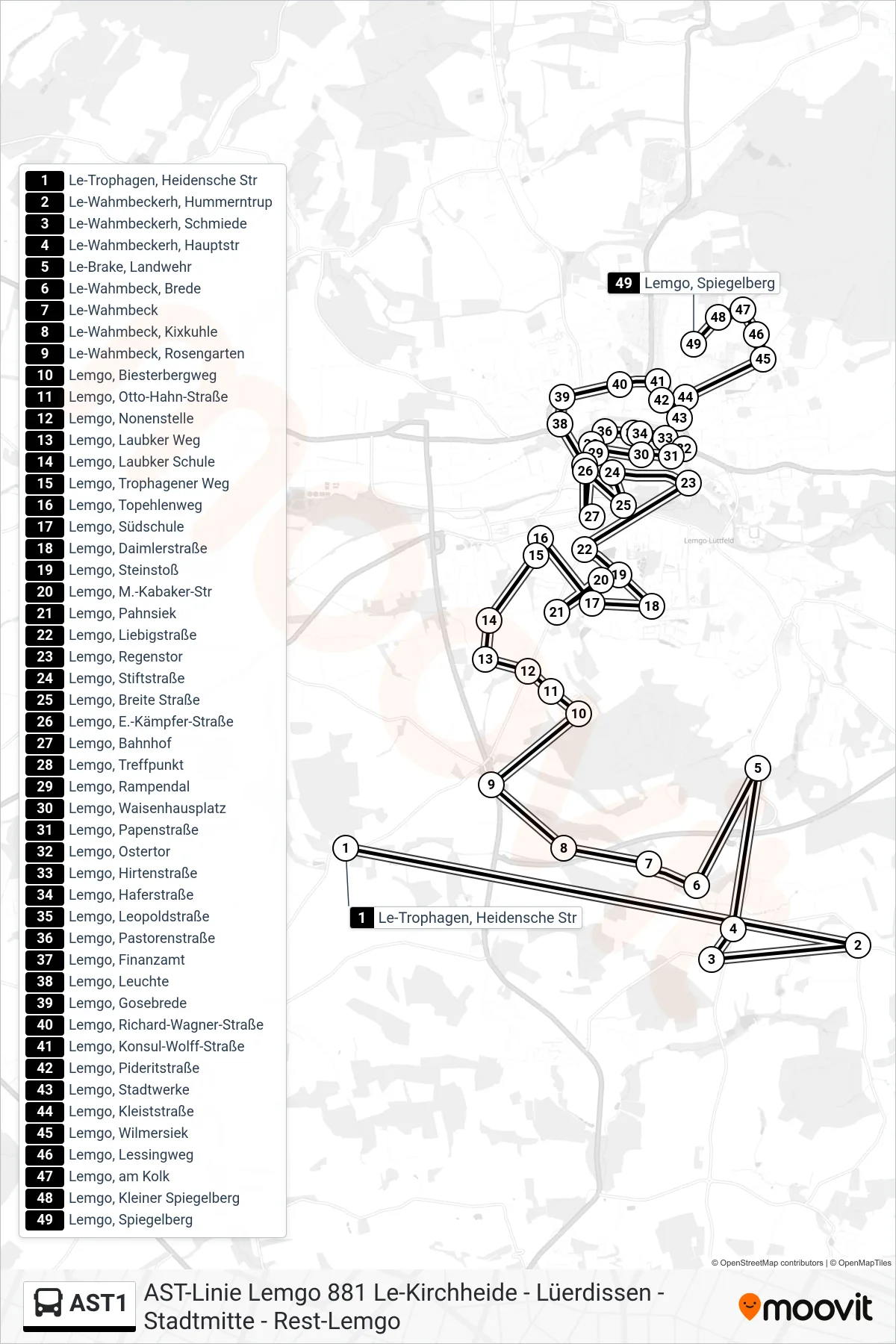AST1 bus Line (Lemgo, Spiegelberg) route and stops on a map