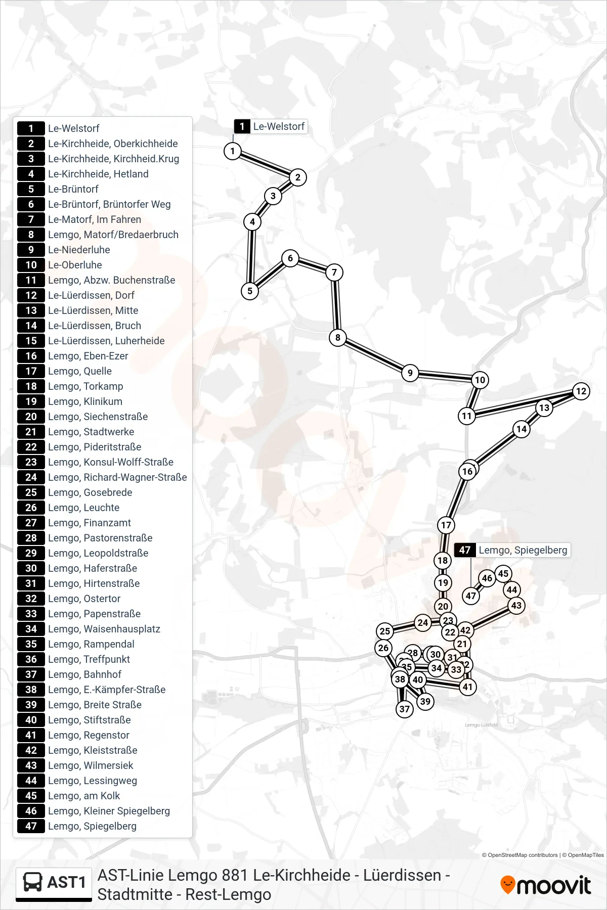 AST1 bus Line (Lemgo, Spiegelberg) route and stops on a map