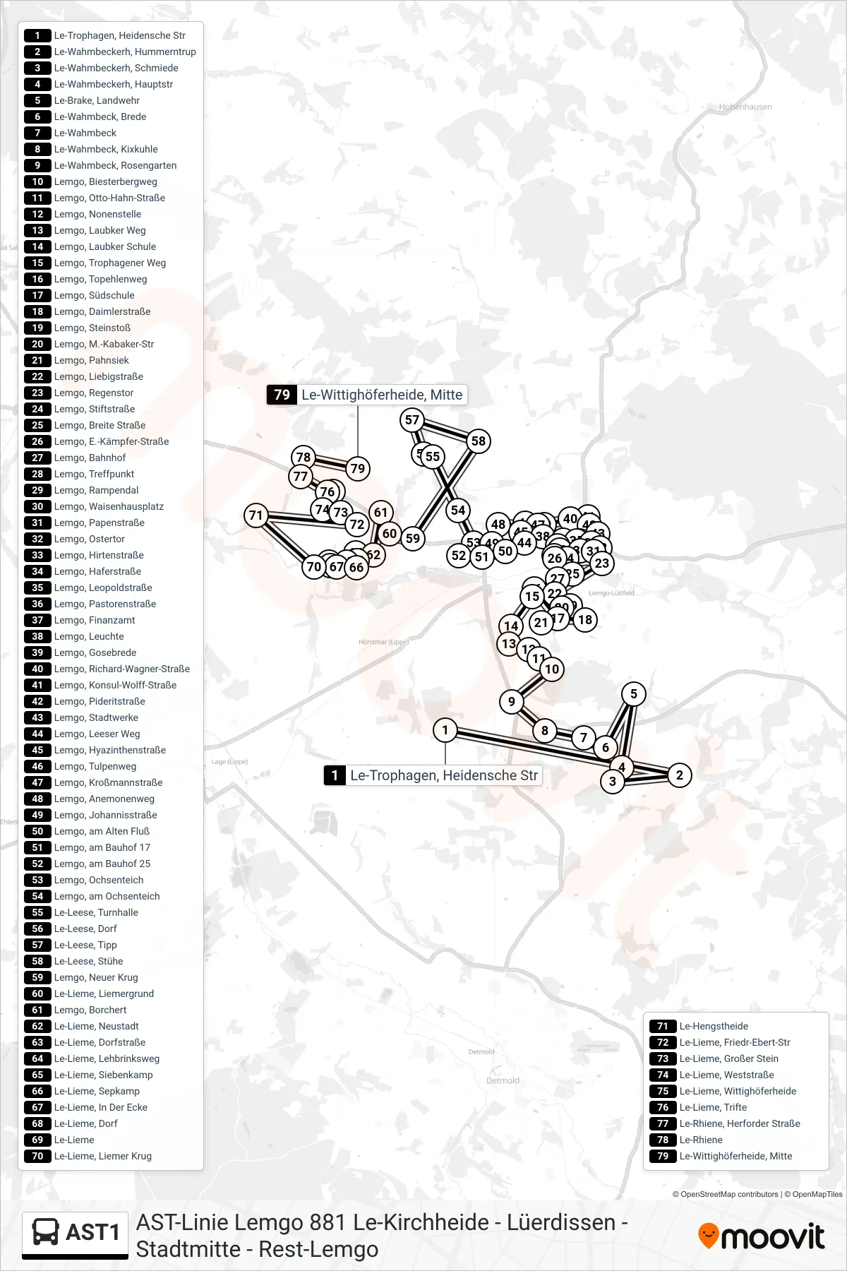 AST1 bus Line (Le-Wittighöferheide, Mitte) route and stops on a map