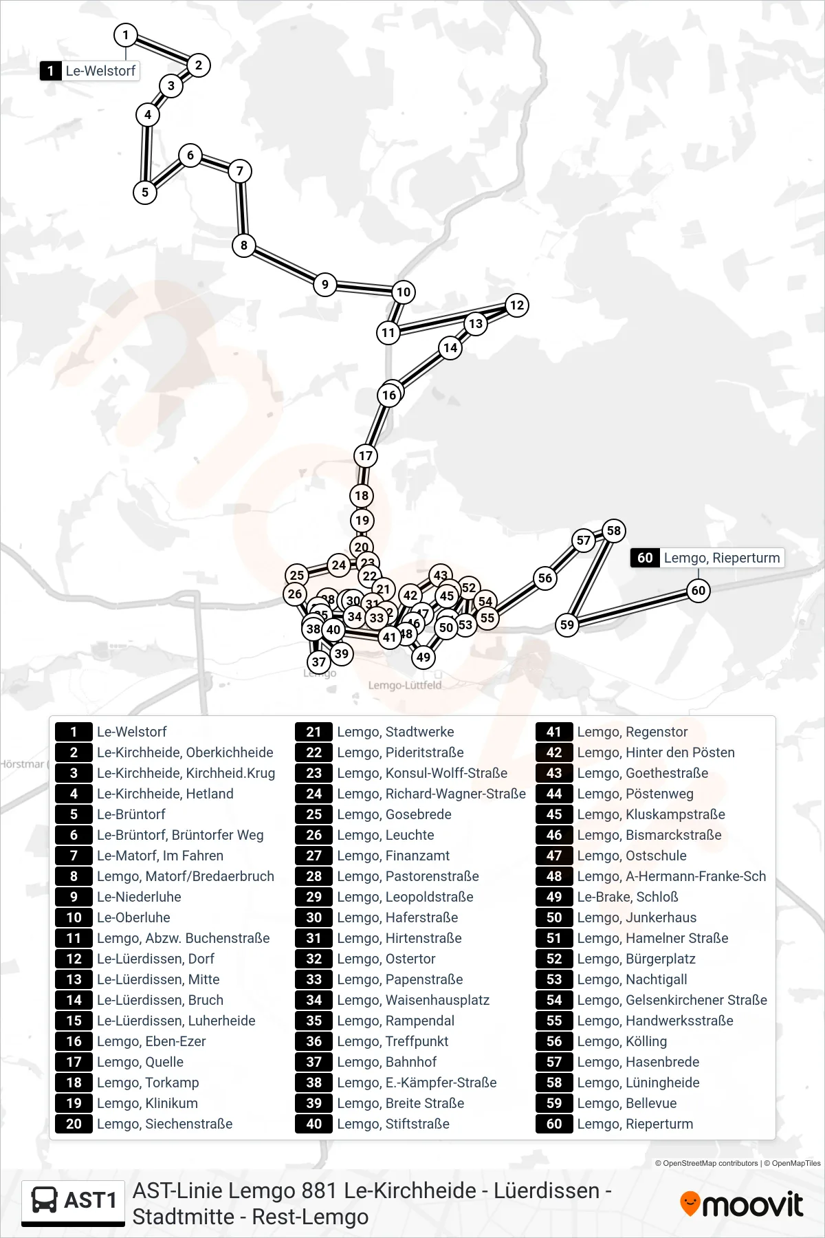 AST1 bus Line (Lemgo, Rieperturm) route and stops on a map