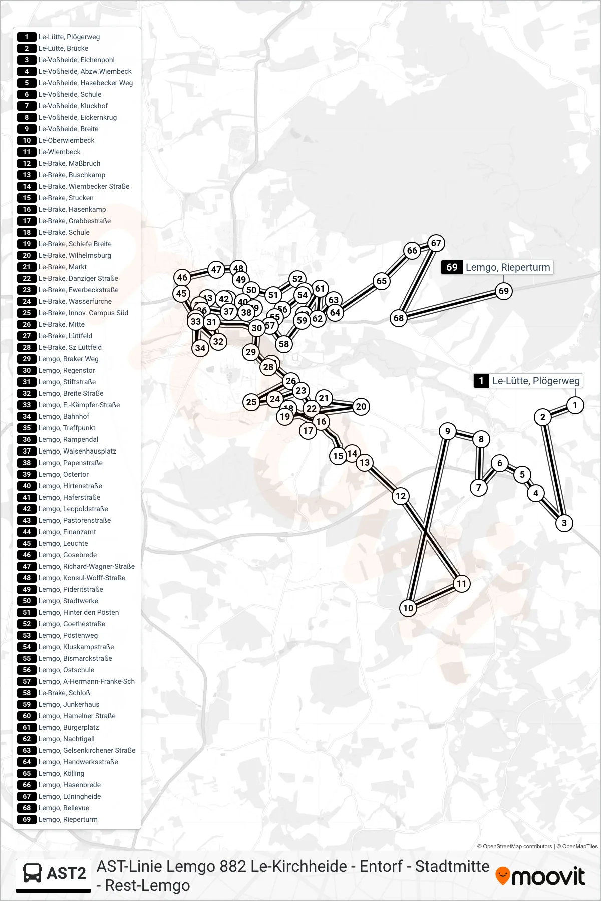 AST2 bus Line (Lemgo, Rieperturm) route and stops on a map