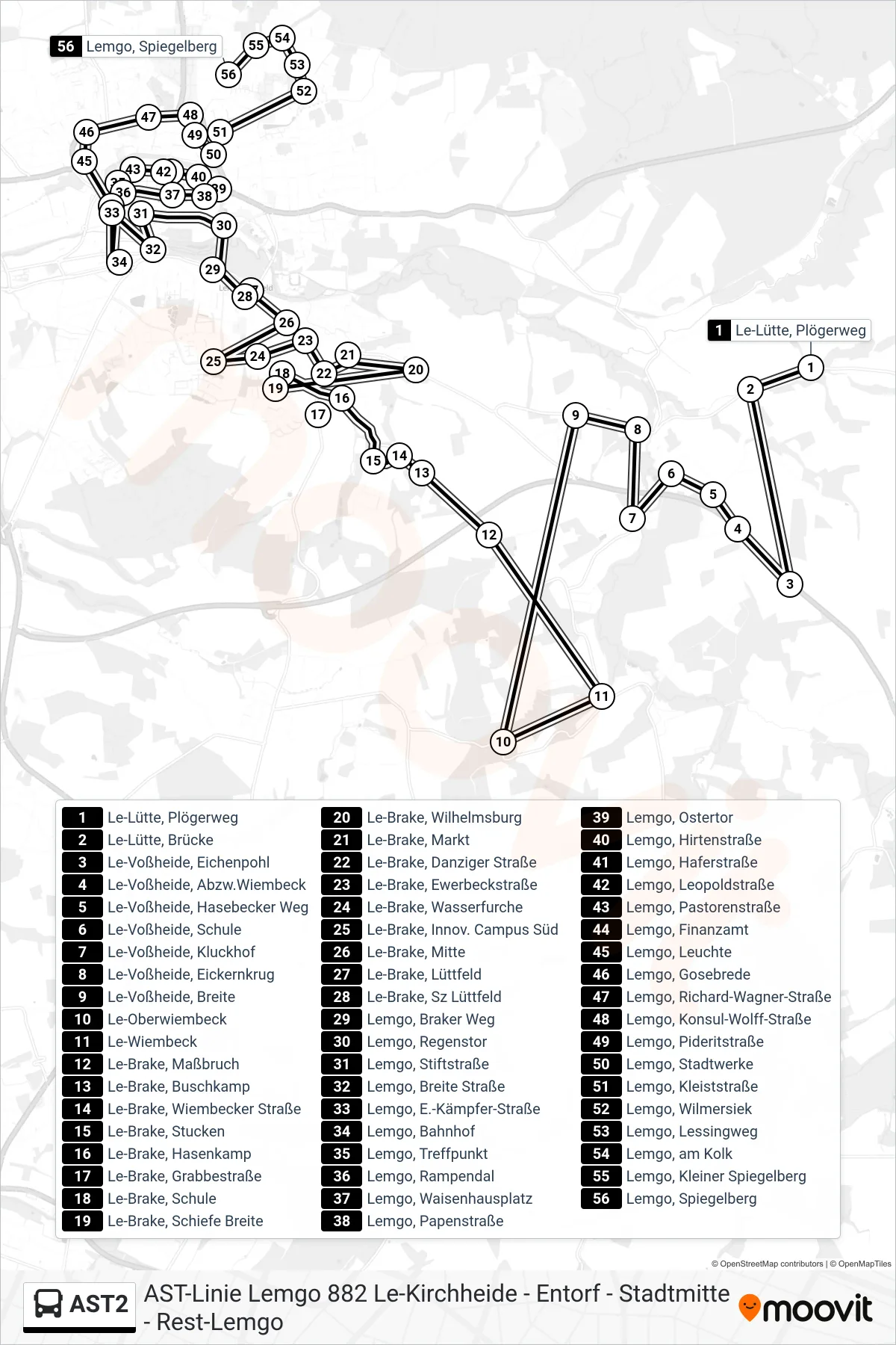 AST2 bus Line (Lemgo, Spiegelberg) route and stops on a map