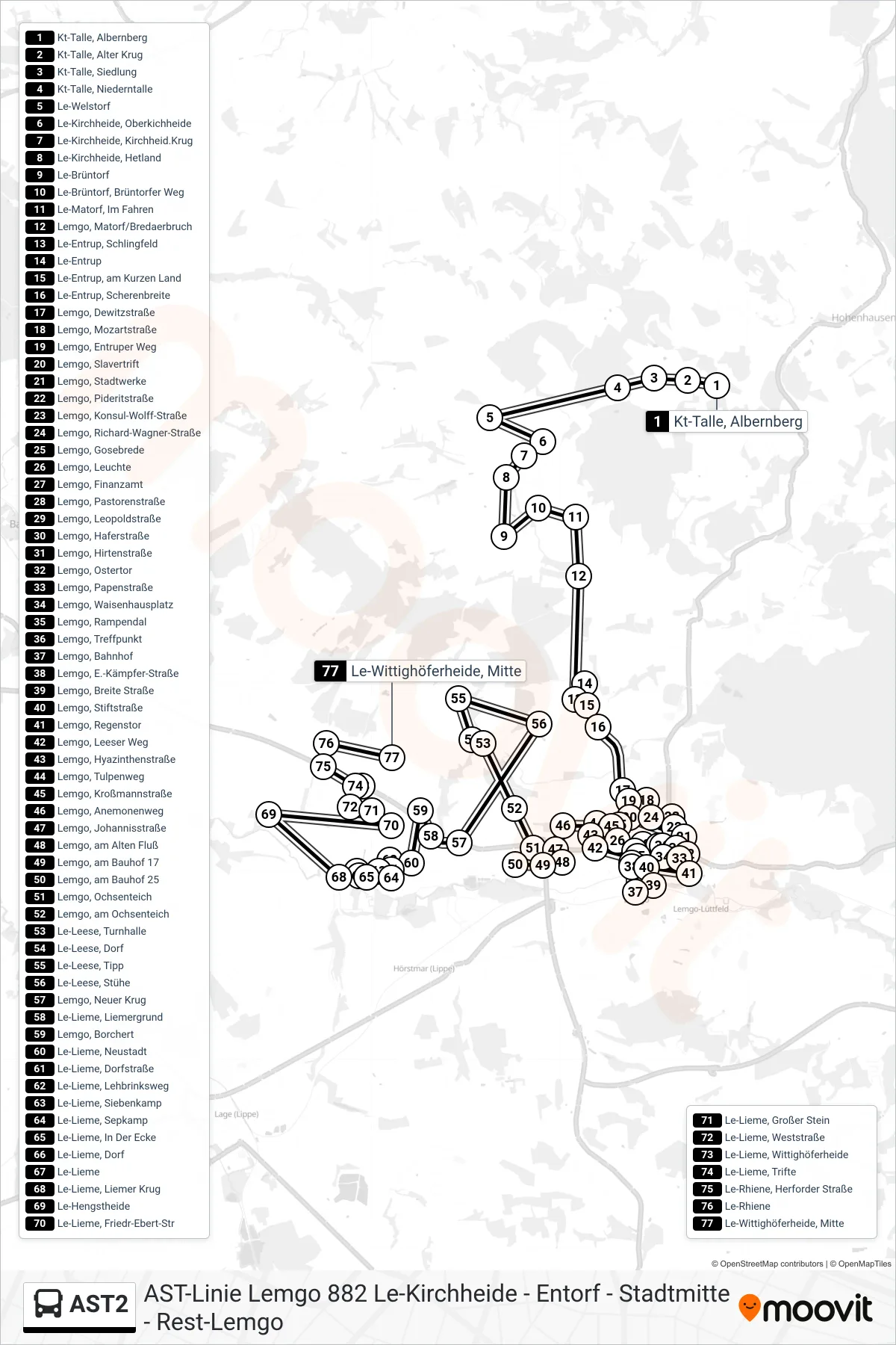 AST2 bus Line (Le-Wittighöferheide, Mitte) route and stops on a map
