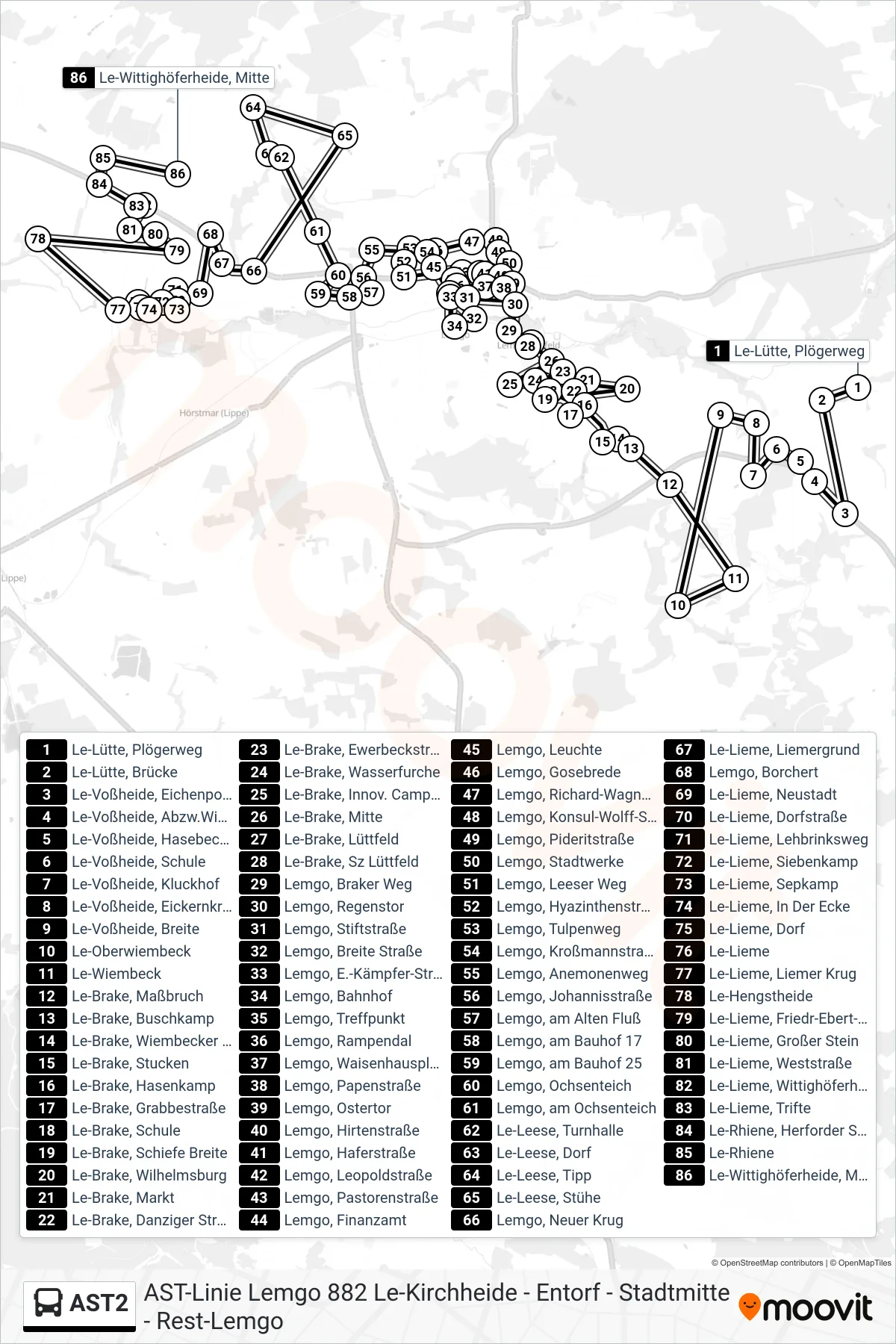 AST2 bus Line (Le-Wittighöferheide, Mitte) route and stops on a map
