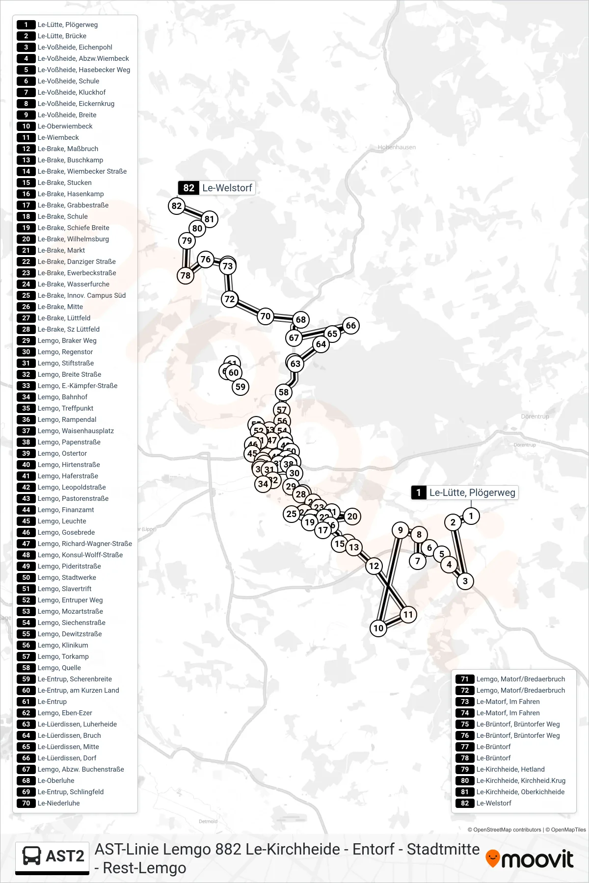 AST2 bus Line (Le-Welstorf) route and stops on a map