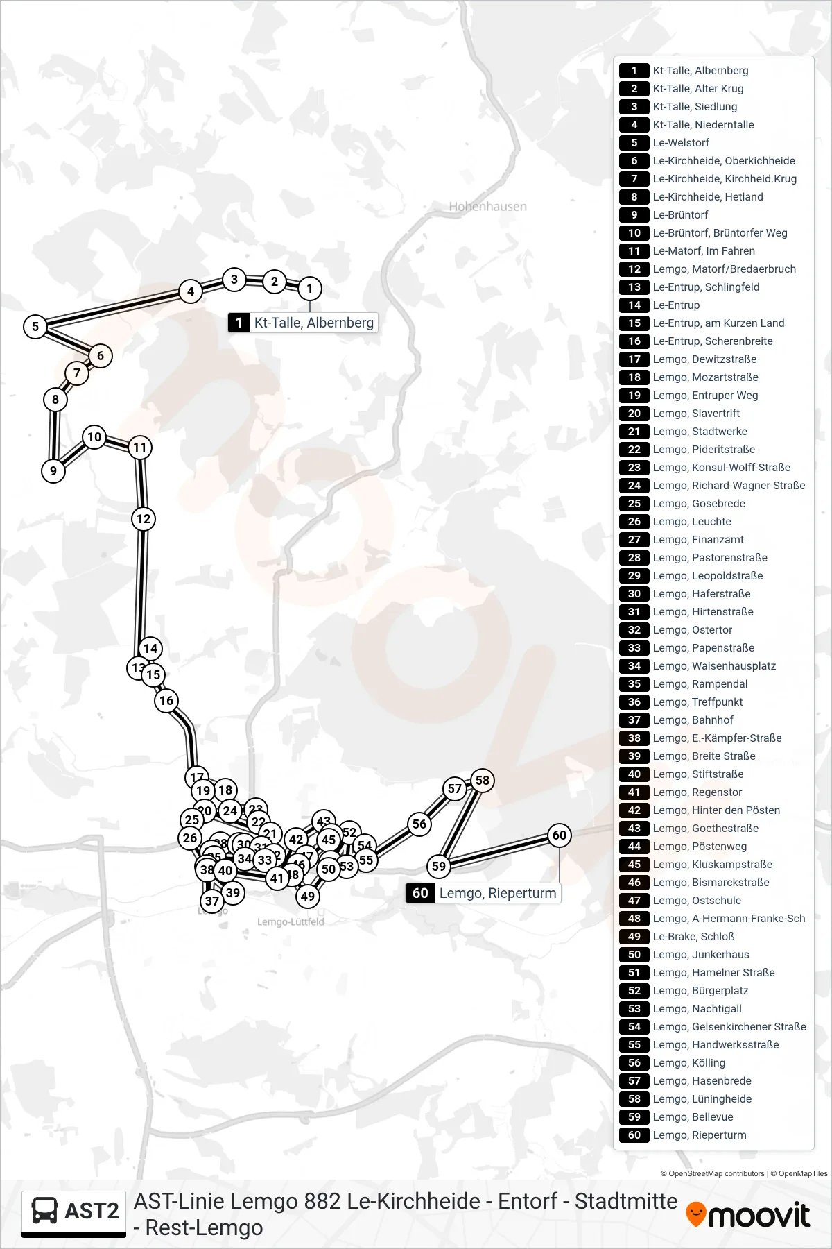 AST2 bus Line (Lemgo, Rieperturm) route and stops on a map