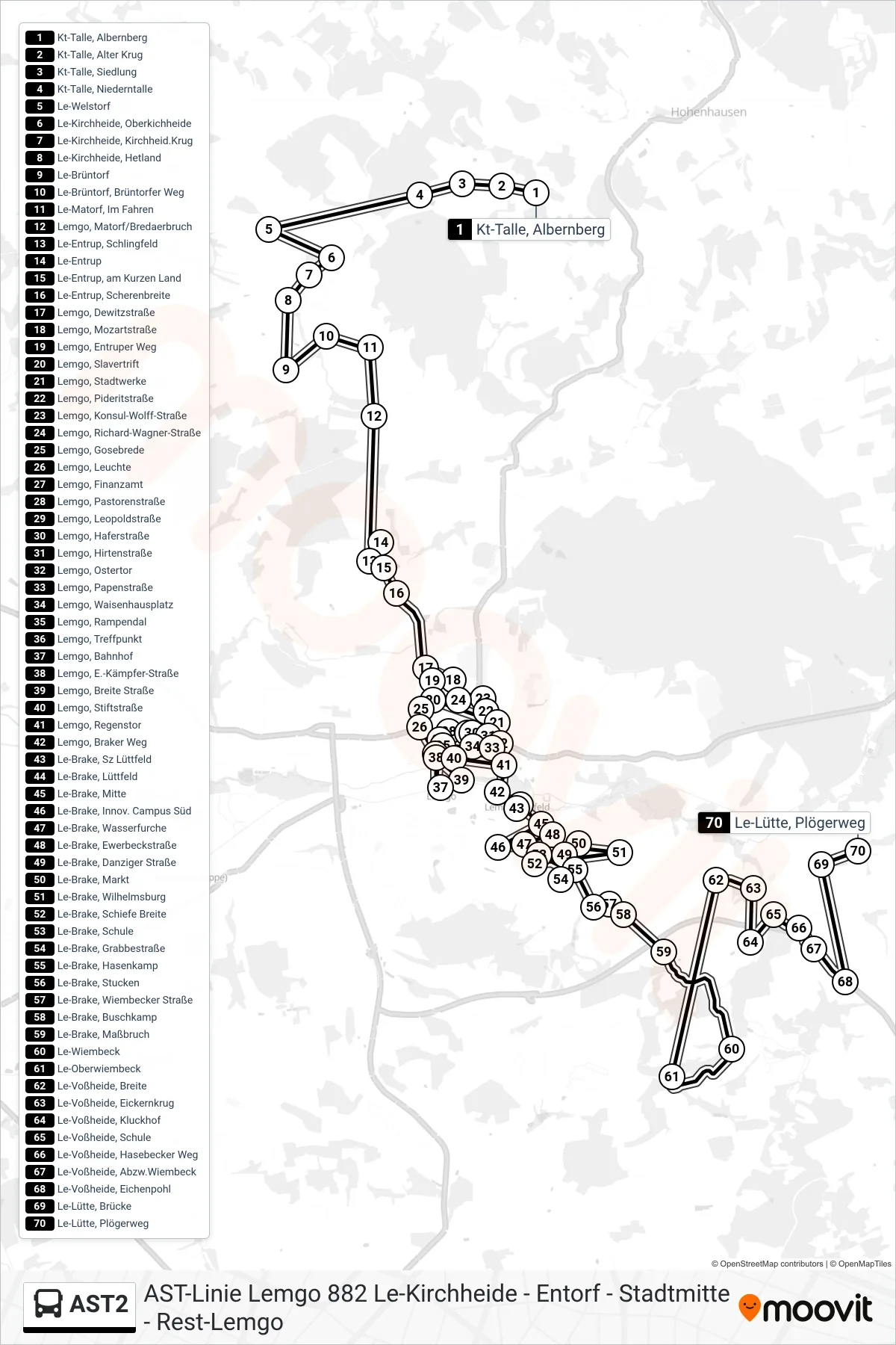 AST2 bus Line (Le-Lütte, Plögerweg) route and stops on a map