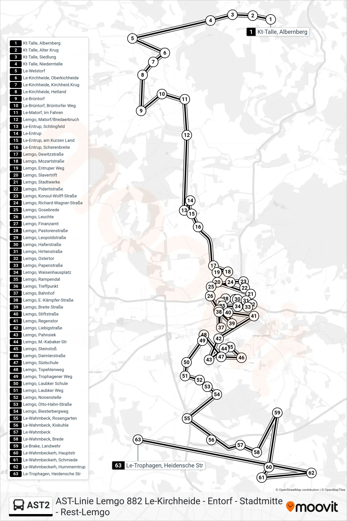 AST2 bus Line (Le-Trophagen, Heidensche Str) route and stops on a map