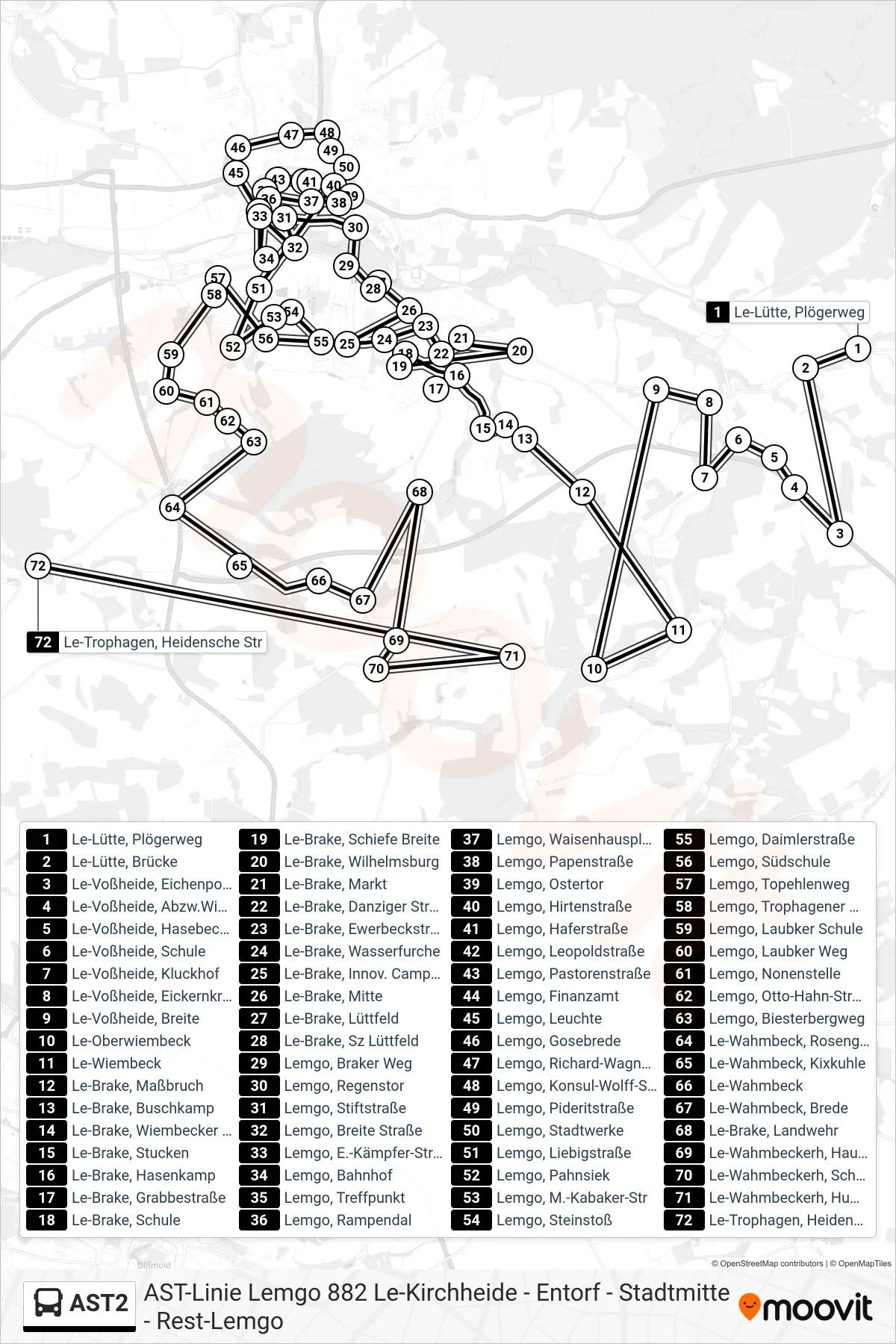 AST2 bus Line (Le-Trophagen, Heidensche Str) route and stops on a map