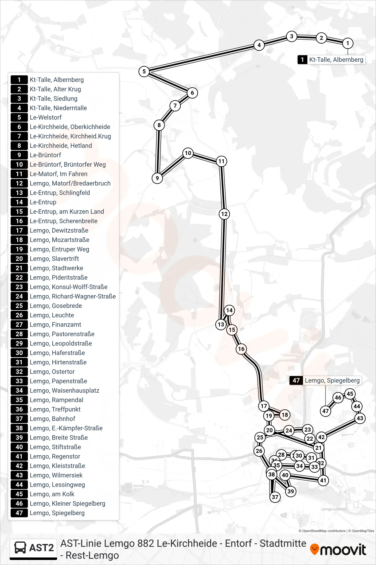 AST2 bus Line (Lemgo, Spiegelberg) route and stops on a map