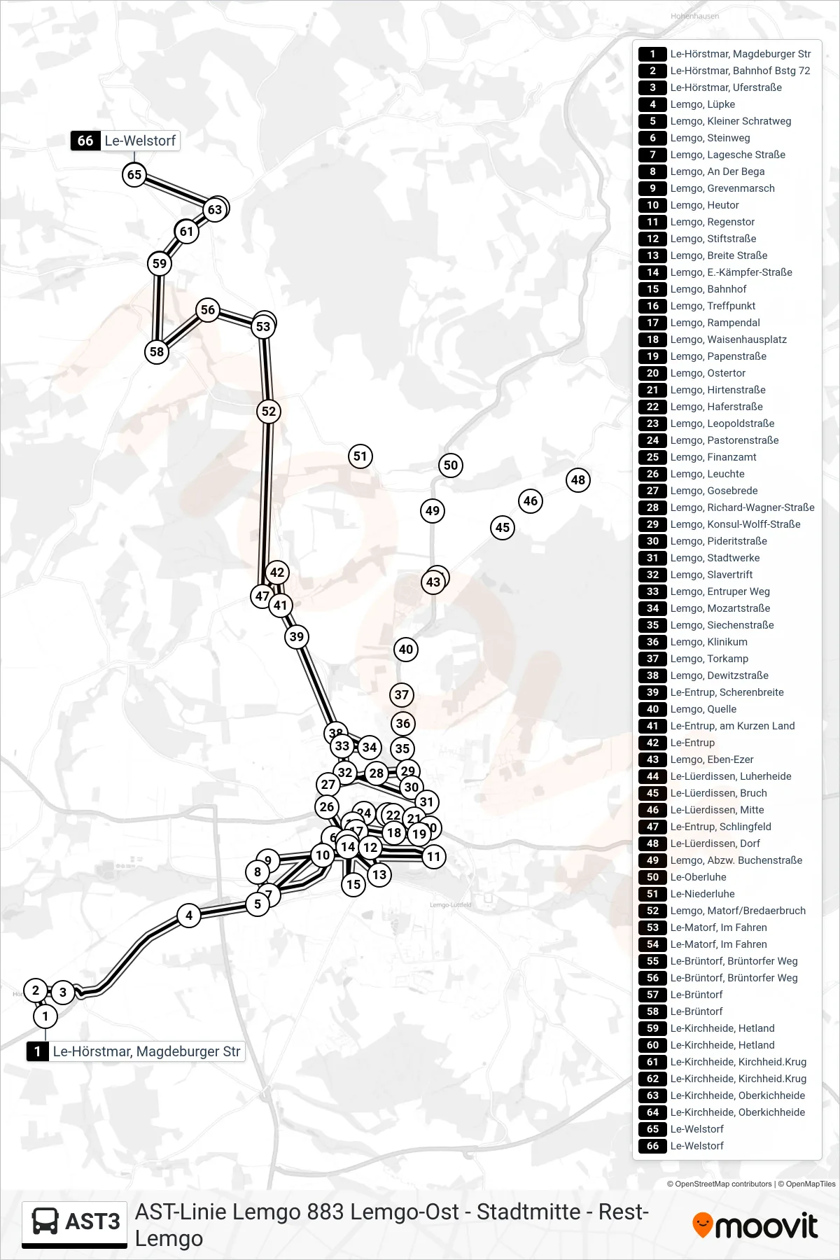AST3 bus Line (Le-Welstorf) route and stops on a map