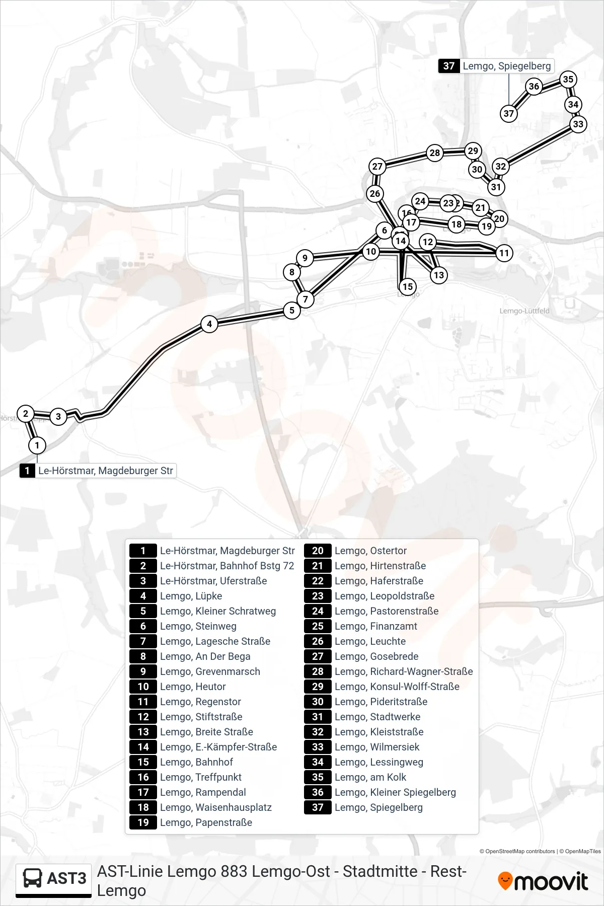 AST3 bus Line (Lemgo, Spiegelberg) route and stops on a map