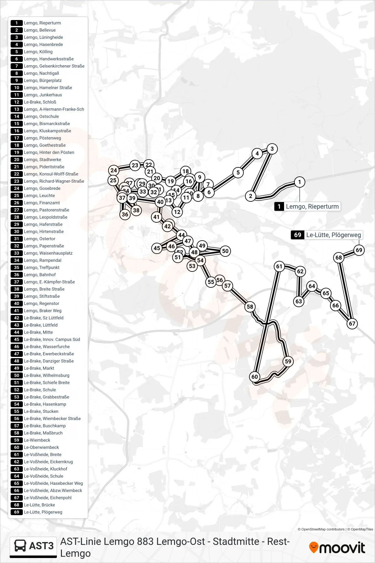 Linie AST3 (Bus) Richtung Le-Lütte, Plögerweg: Route und Haltestellen auf der Karte